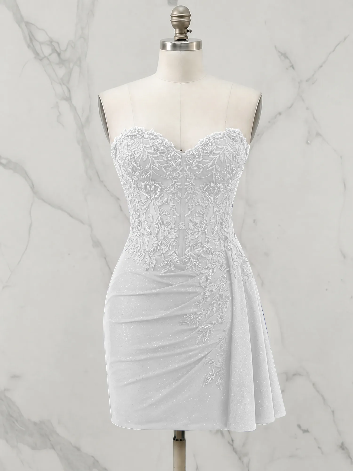 Strapless Lace Appliqué Glitter Homecoming Dress with Side Drape