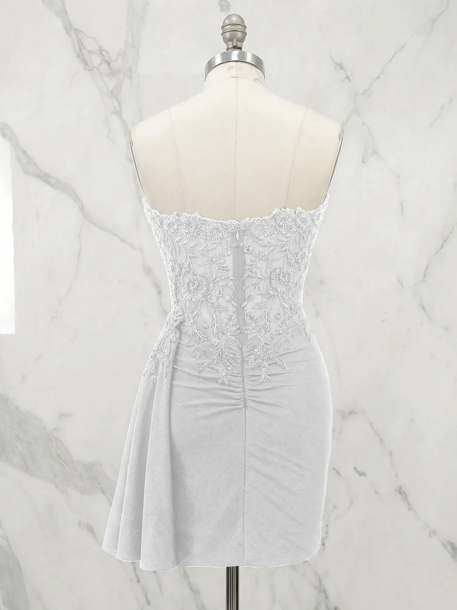 Strapless Lace Appliqué Glitter Homecoming Dress with Side Drape