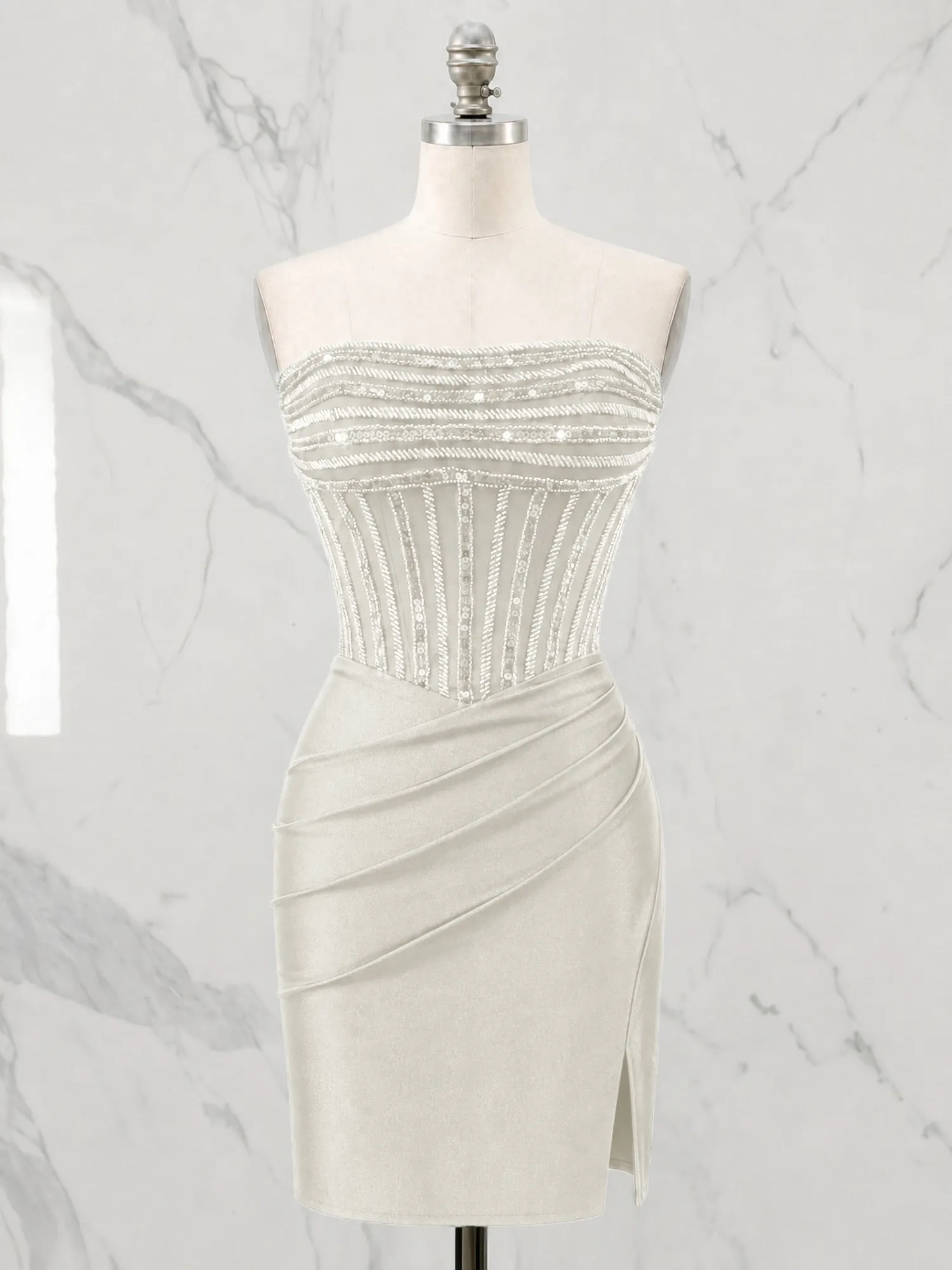 Strapless Beaded Corset Homecoming Dress with Ruched Skirt