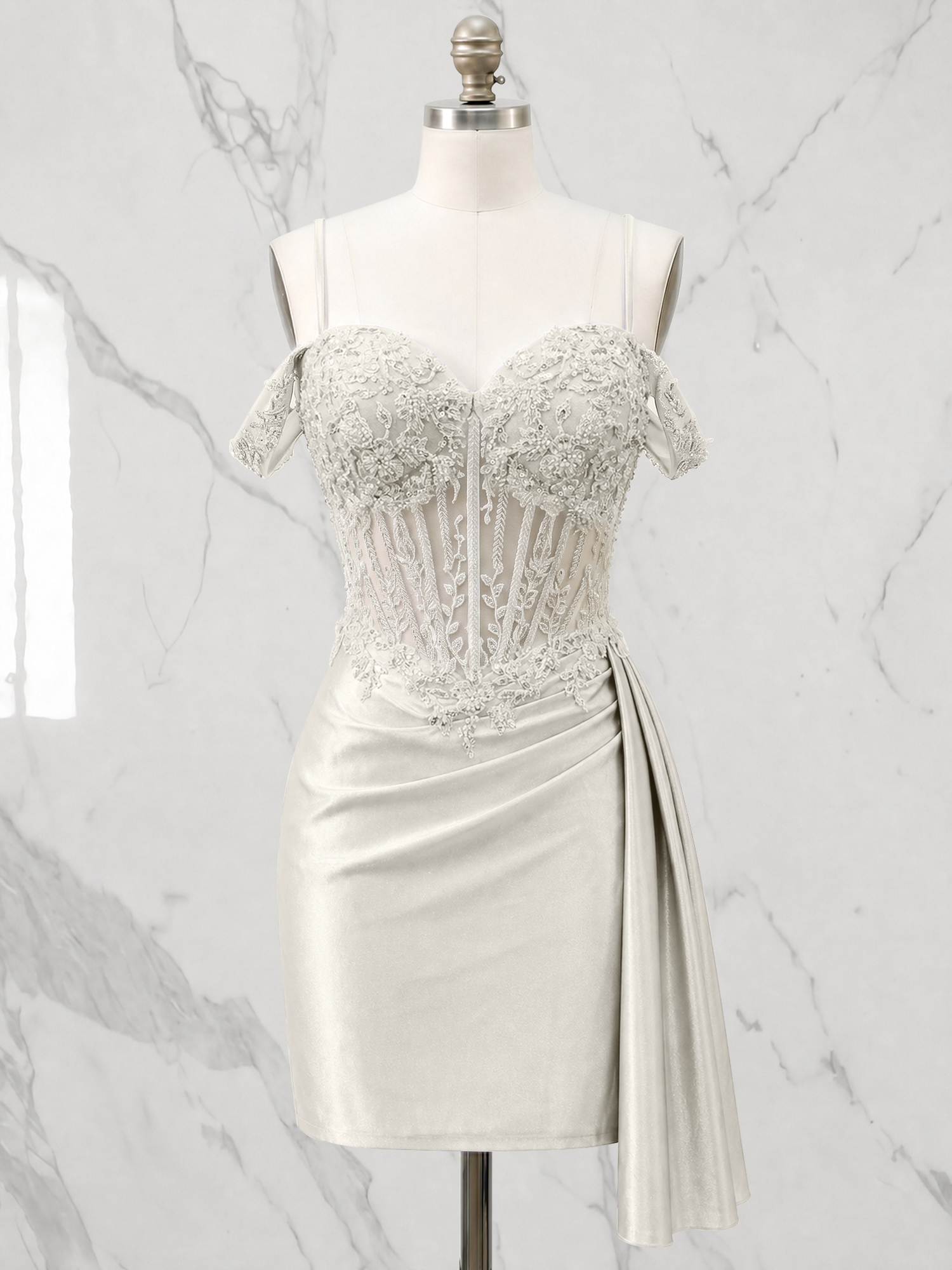 Off-the-Shoulder Lace Corset Homecoming Dress with Side Drape