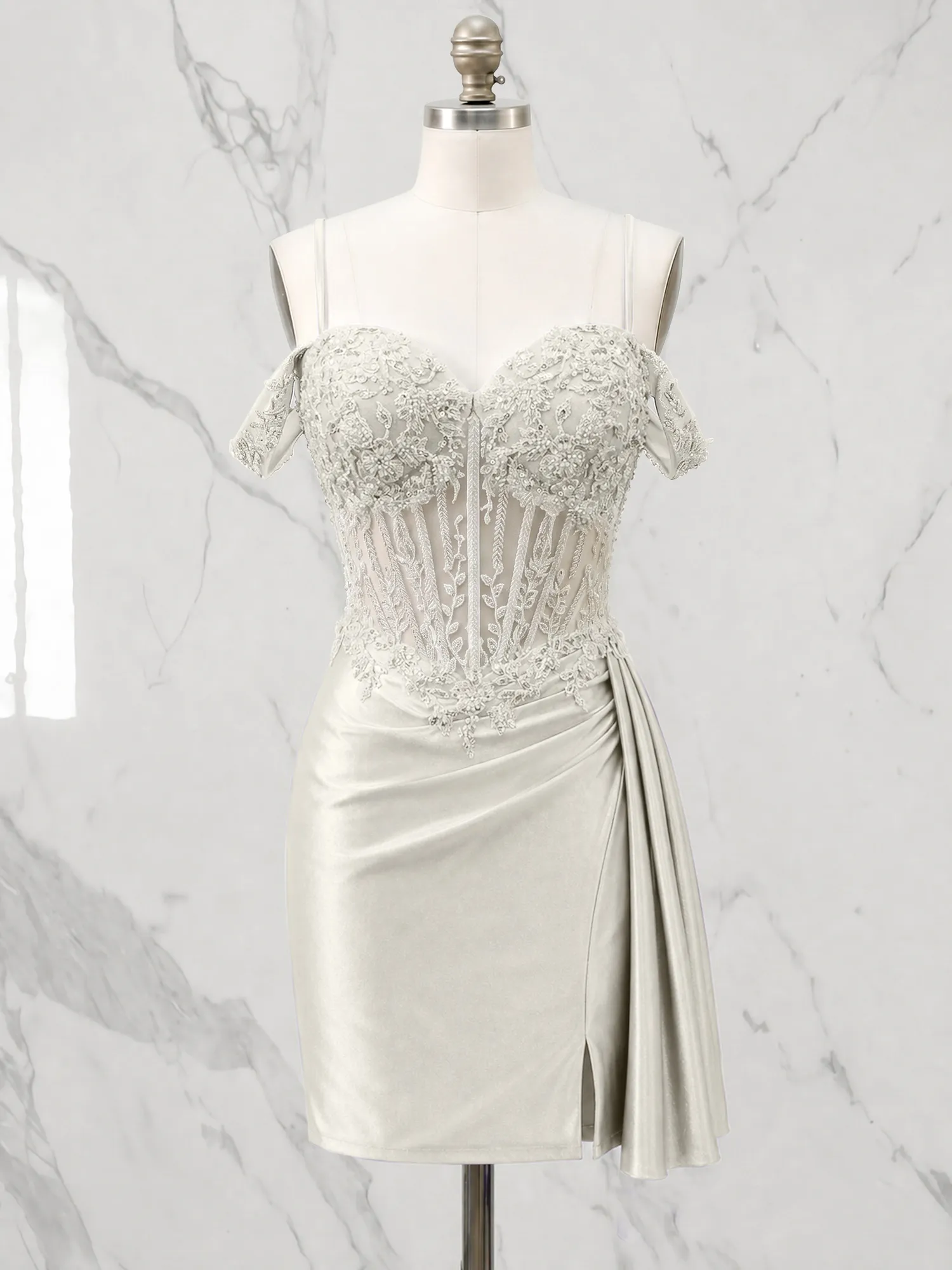 Off-the-Shoulder Lace Corset Homecoming Dress with Draped Skirt
