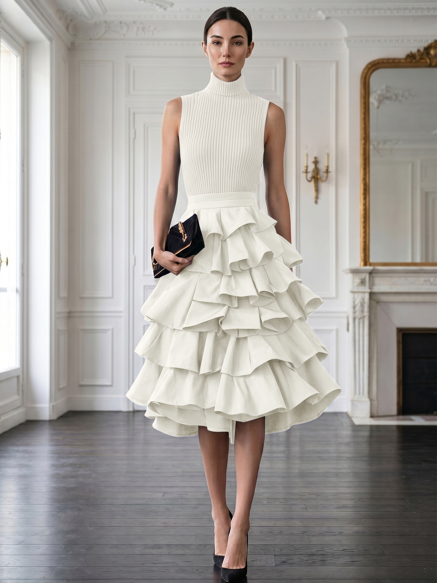 Avant-Garde Black High-Neck Tiered Ruffled Evening Gown