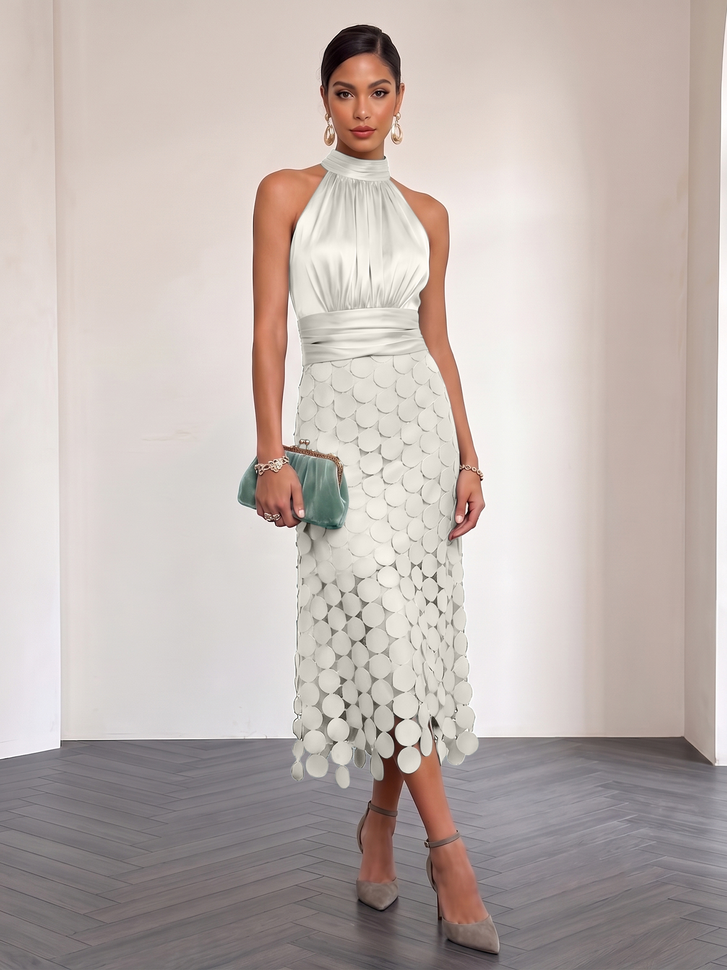 Ice Blue Satin Halter Circle Motif Midi Formal Evening Gown