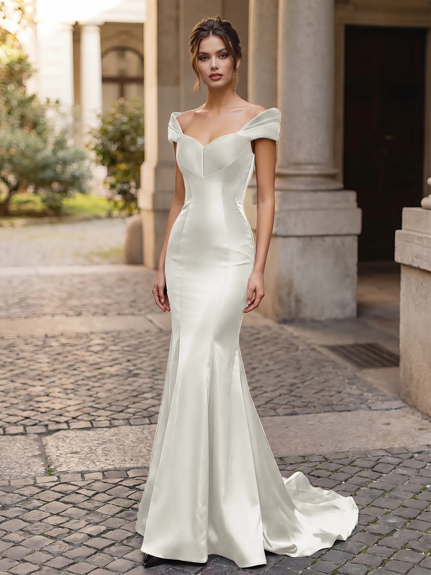 Off-the-Shoulder Sweetheart Lace-Up Back Satin Mermaid Prom Dress