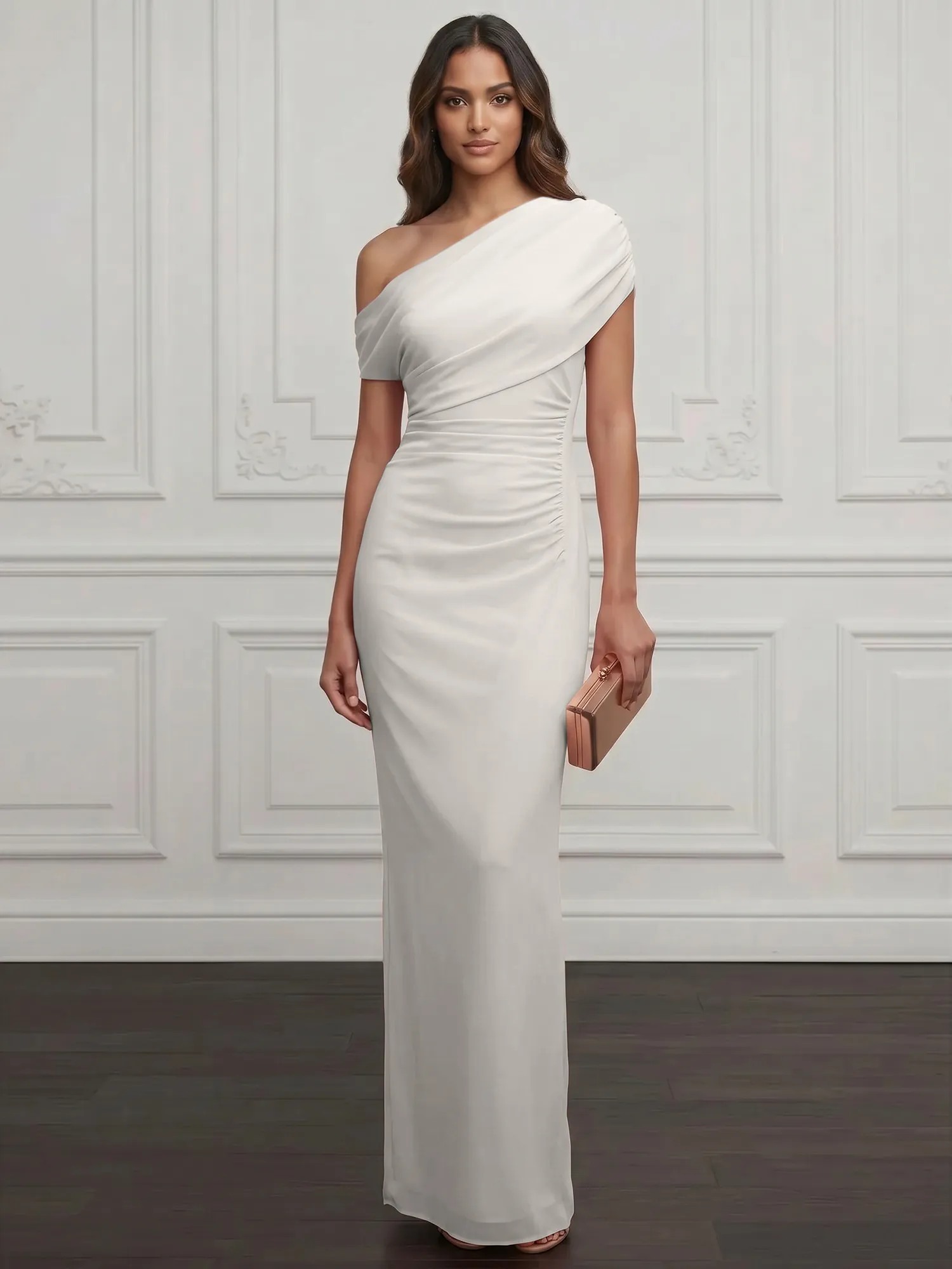 One-Shoulder Draped Chiffon Evening Gown