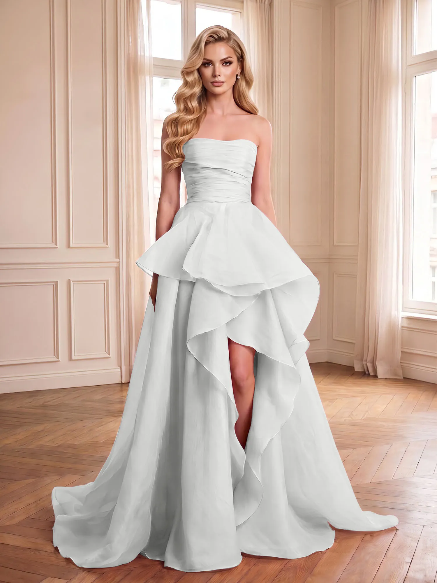 Strapless Tiered Organza Evening Gown with High Slit