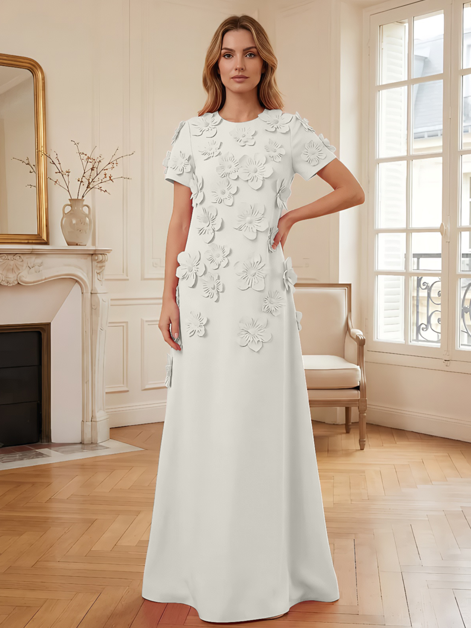 3D Floral Applique Short-Sleeve Column Evening Gown