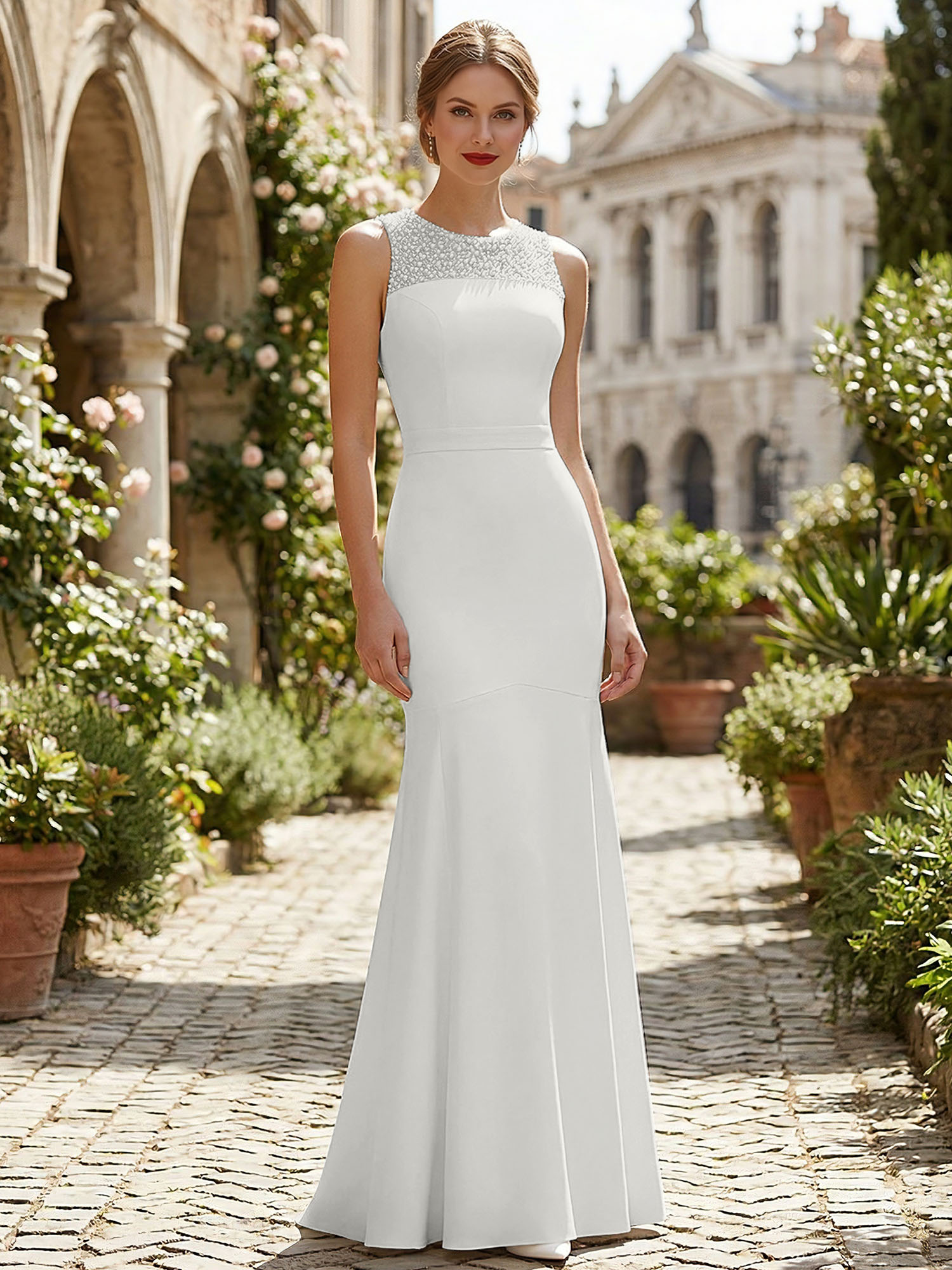 Pure White Sequin Neckline Sleeveless Mermaid Maxi Dress Gown