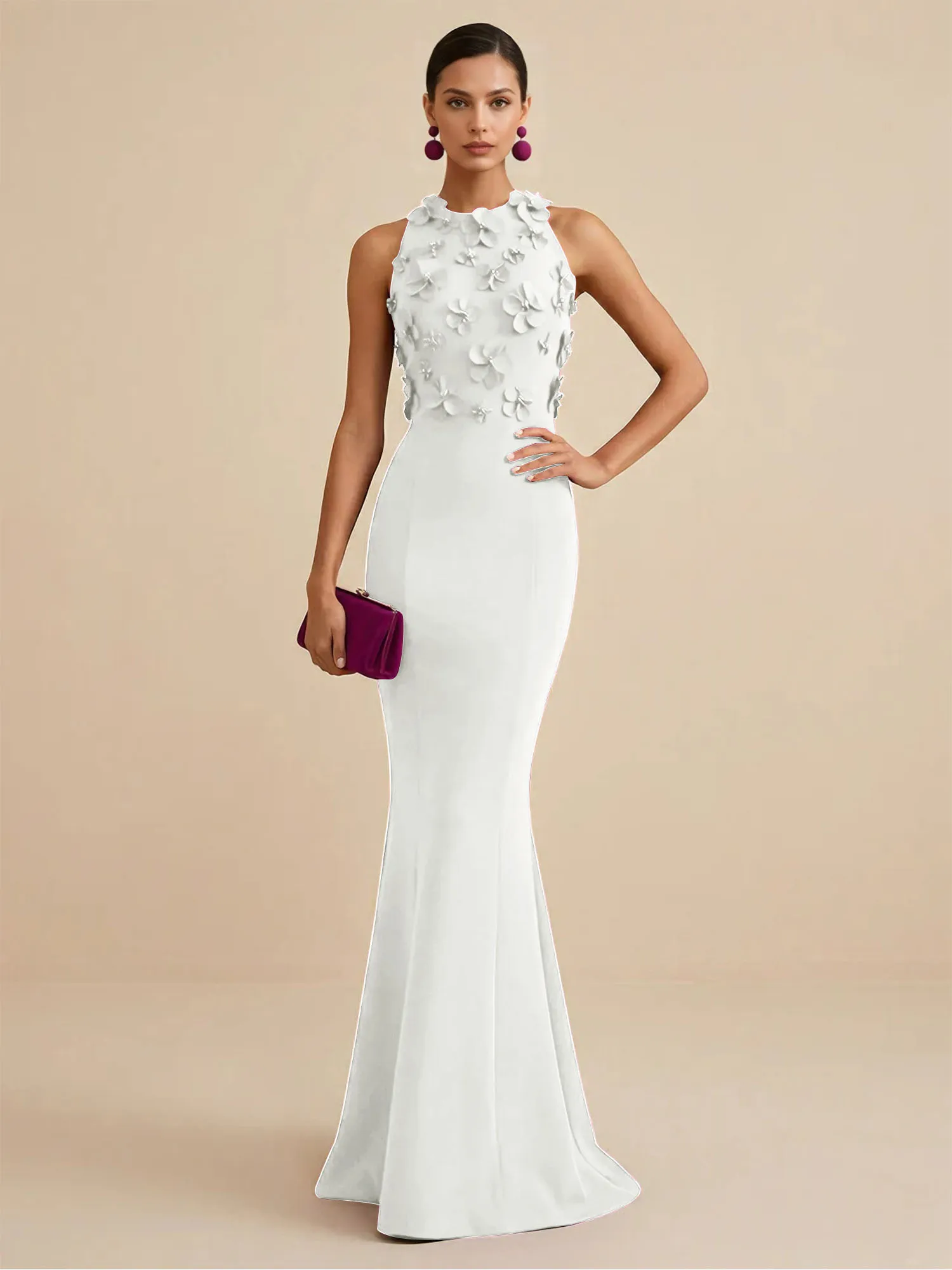 Scoop Neck 3D Floral Appliqué Crepe Mermaid Evening Gown