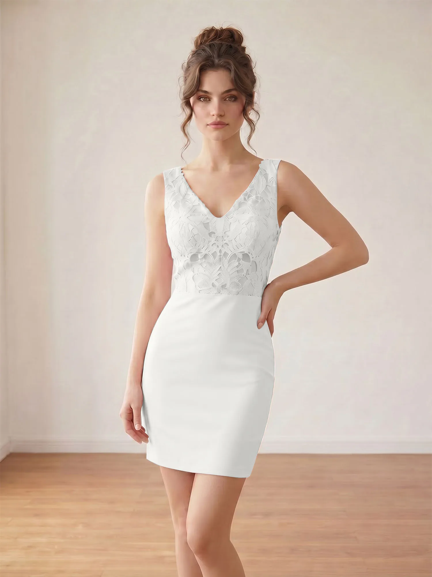 Blush Pink V-Neck Lace & Crepe Homecoming Bodycon Mini Dress