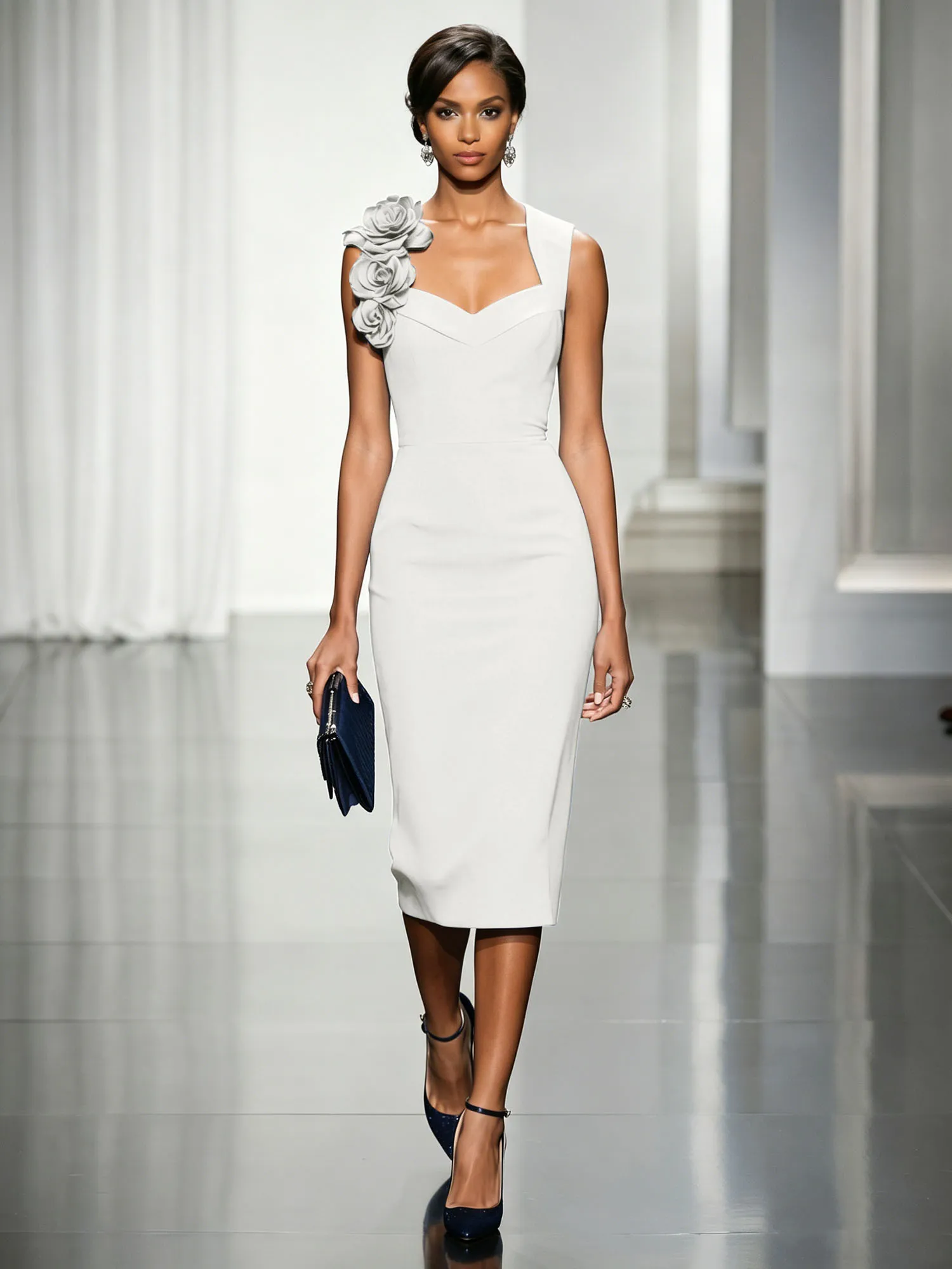 Asymmetric Neckline Crepe Midi Dress with 3D Floral Appliqué