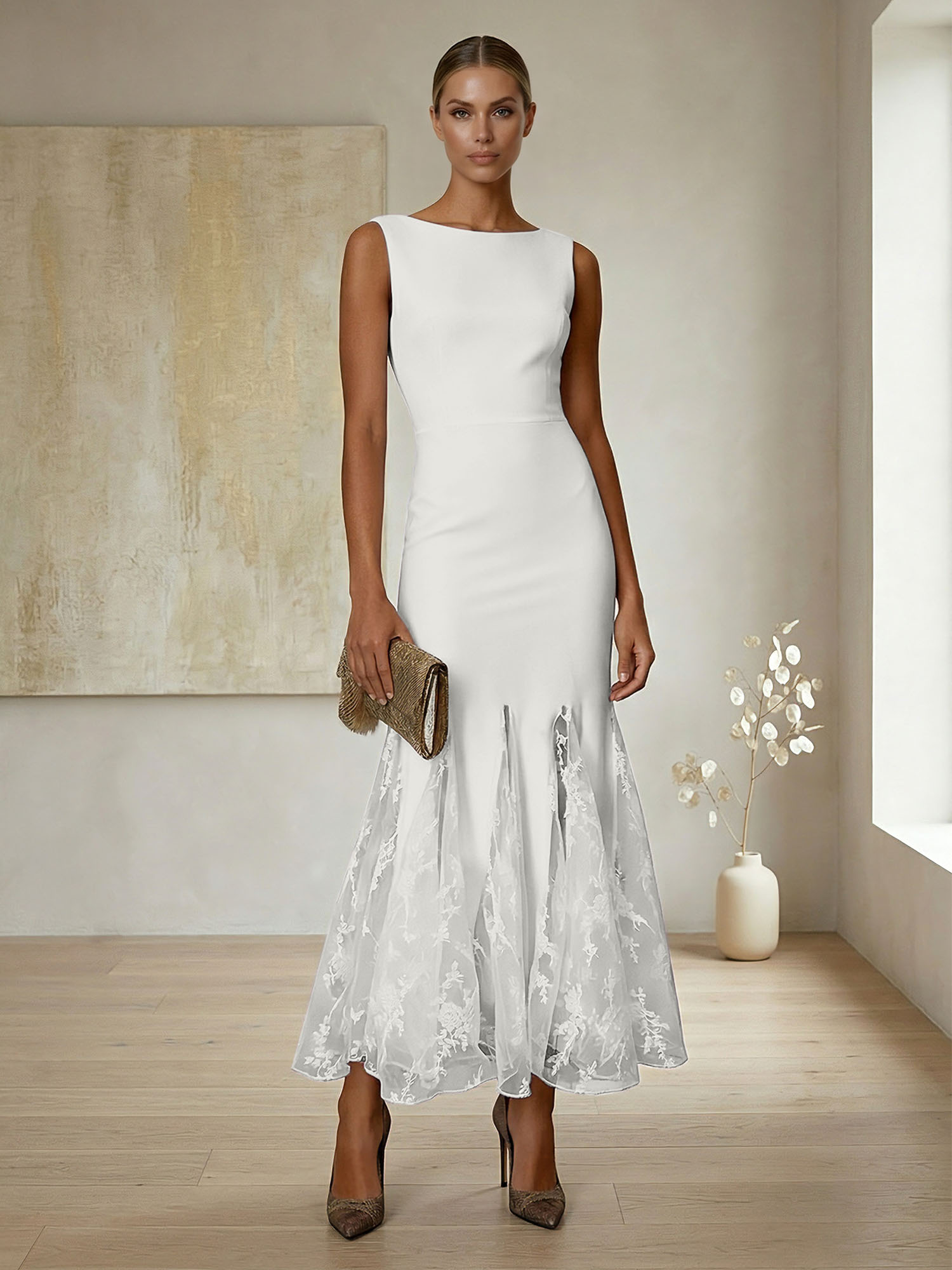 Elegant Formal Evening Gown Lilac Sleeveless Midi Dress with Embroidered Lace Godets