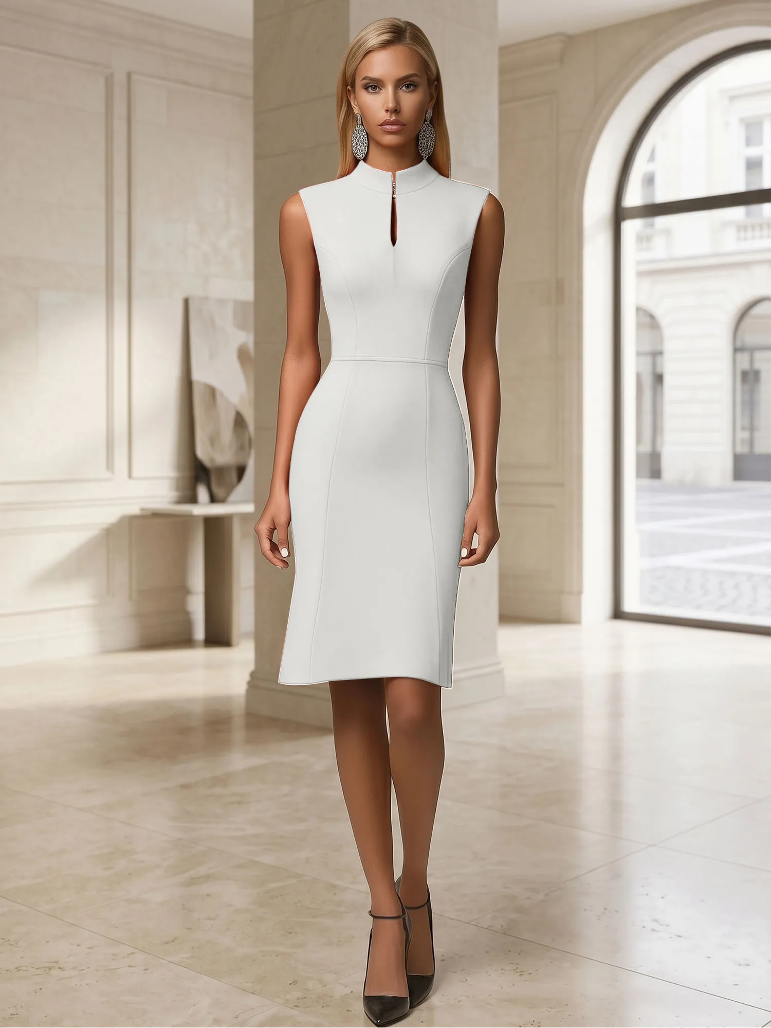 Stand Collar Keyhole Neck Crepe Sheath Evening Dress