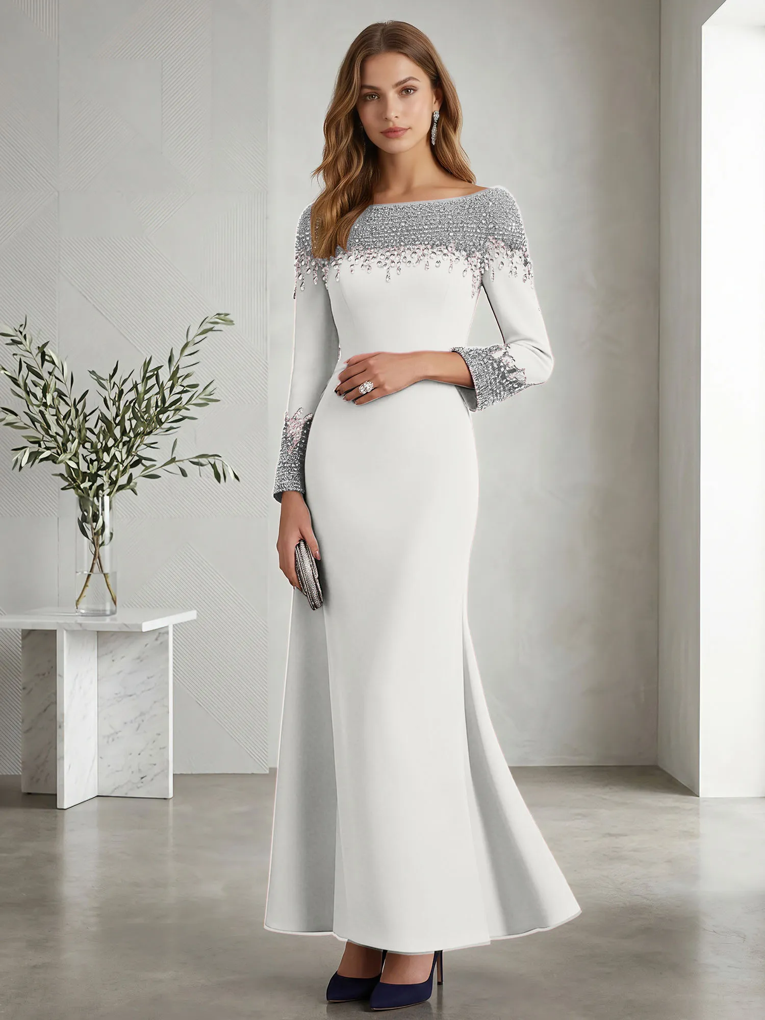 Beaded Off-the-Shoulder Long Sleeve Mermaid Evening Gown