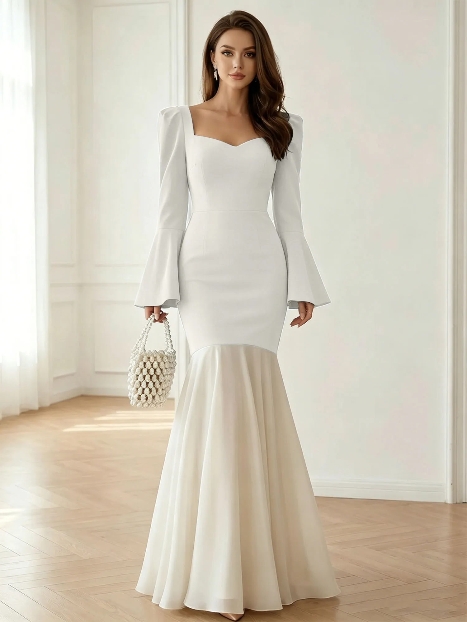 Sweetheart Neck Bell Sleeve Two-Tone Mermaid Evening Gown