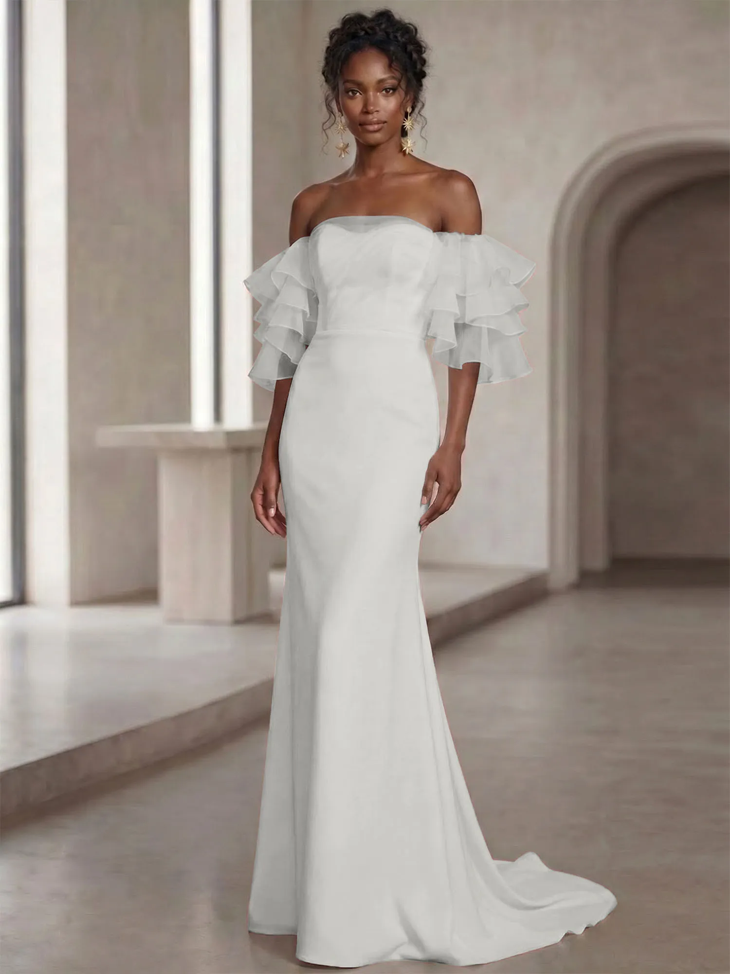 Off-the-Shoulder Tiered Organza Sleeve Mermaid Evening Gown