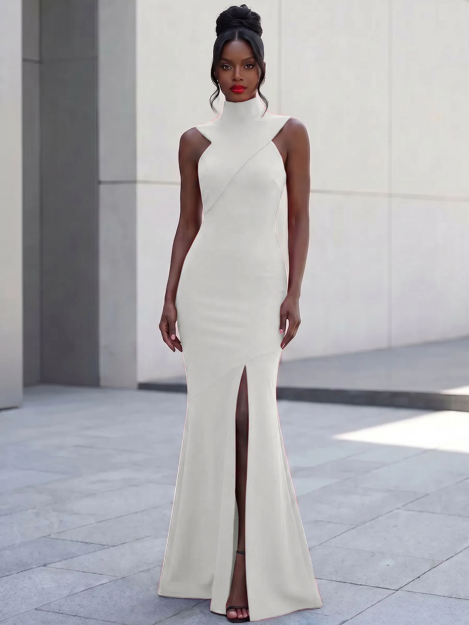 High Neck Asymmetric Cutout Mermaid Evening Gown