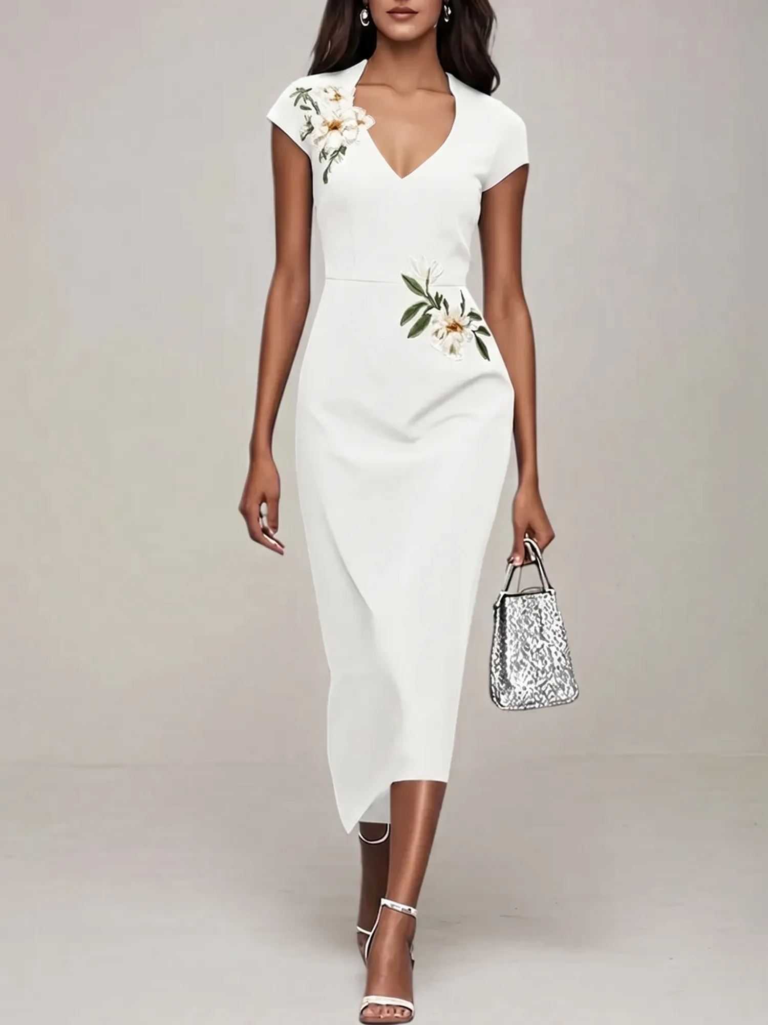 V-Neck Cap Sleeve Floral Embroidered Sheath Evening Dress