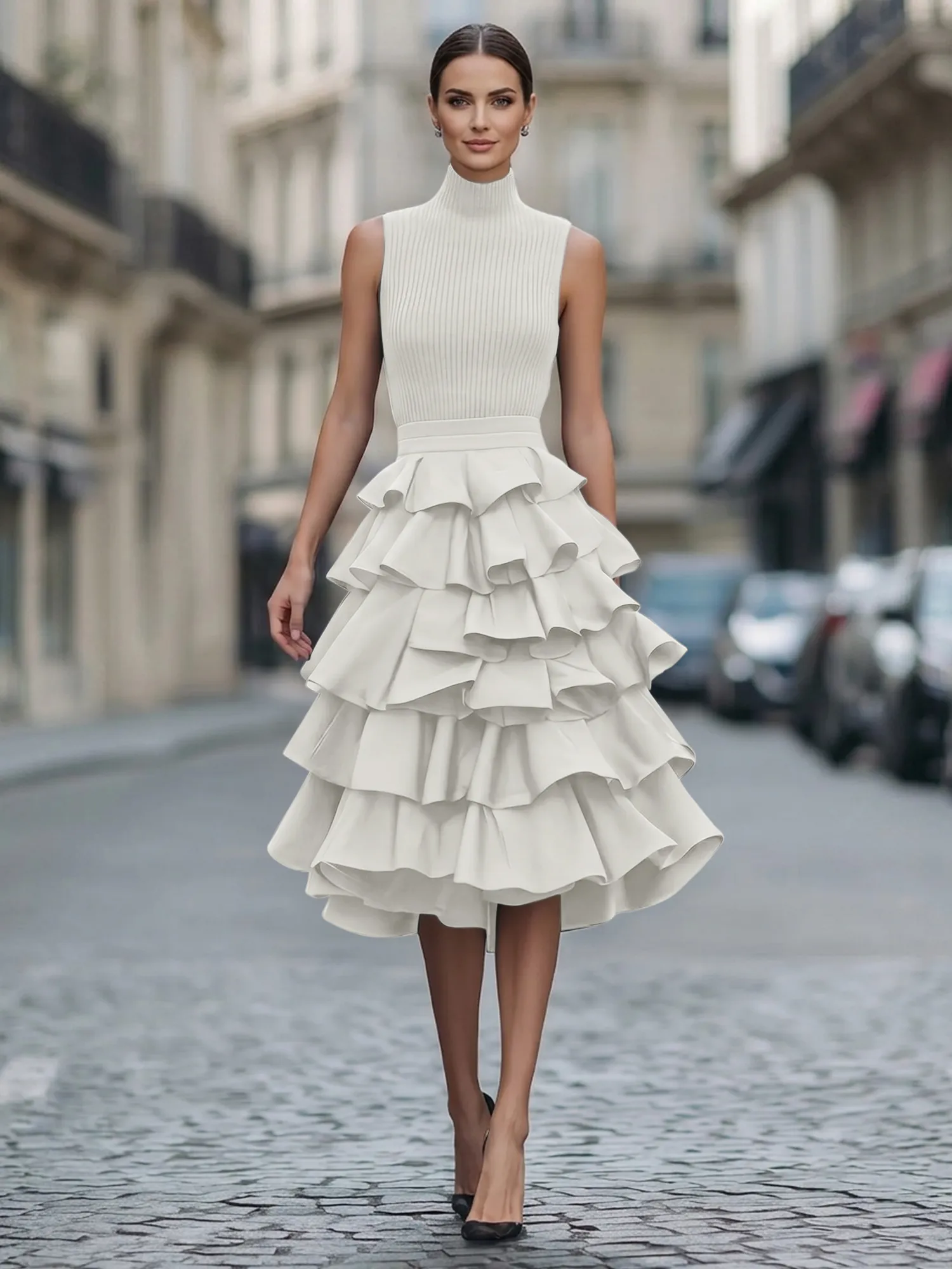 A Line High-Neck Pleated Tiered Evening Dress Maxi Dress