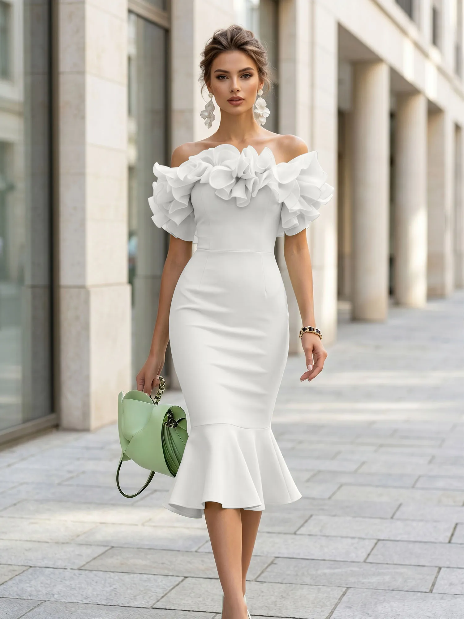 Off-the-Shoulder Ruffle Midi Midi Cocktail Dress Evening Dress