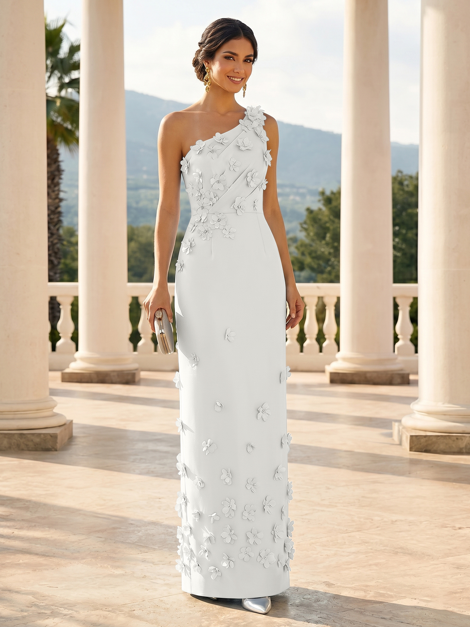 Enchanting Sky Blue One-Shoulder Evening Dress with 3D Floral Appliqués