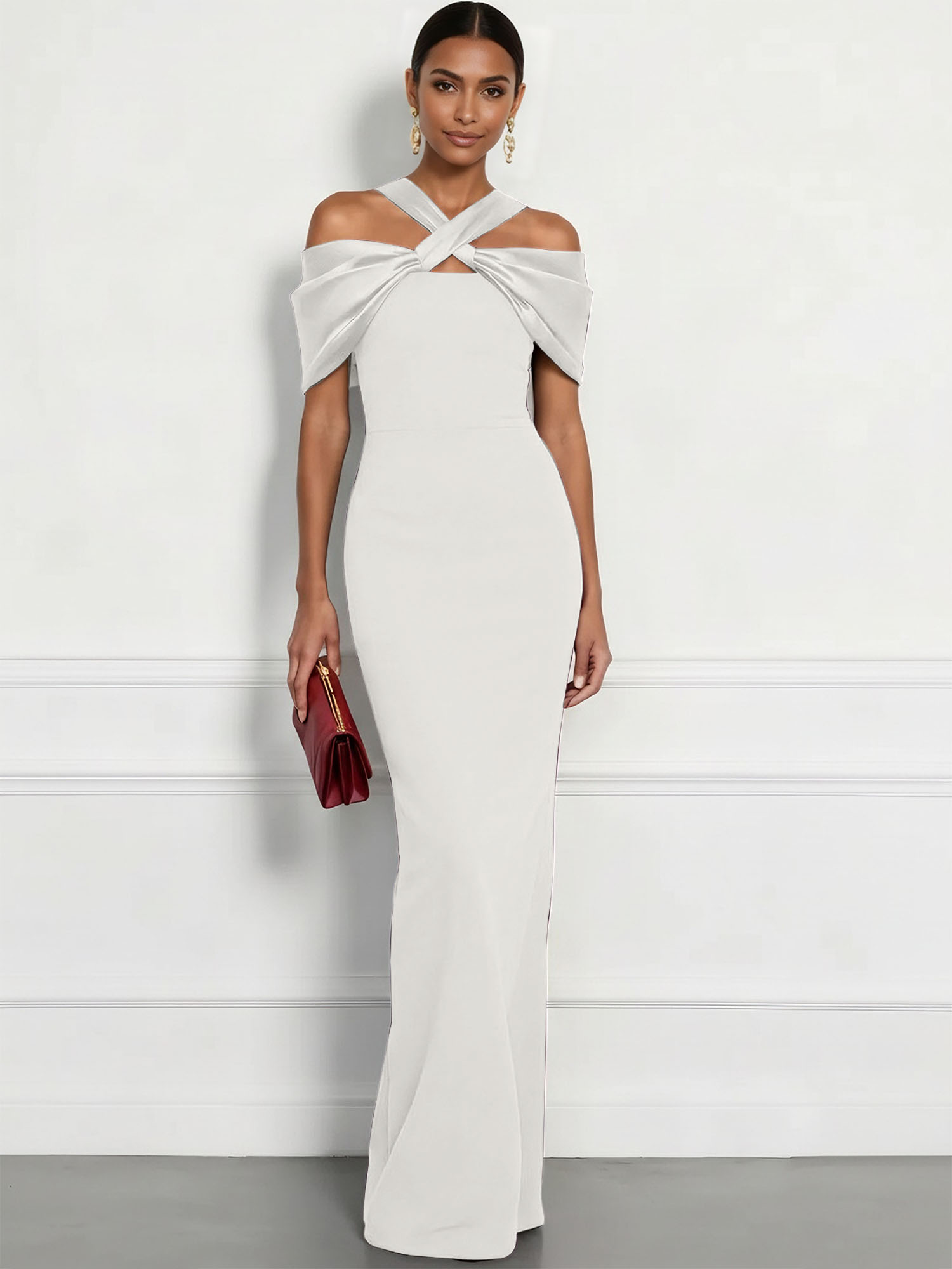  Regal Plum Crepe Column Gown with Satin Criss-Cross Halter Maxi Dress