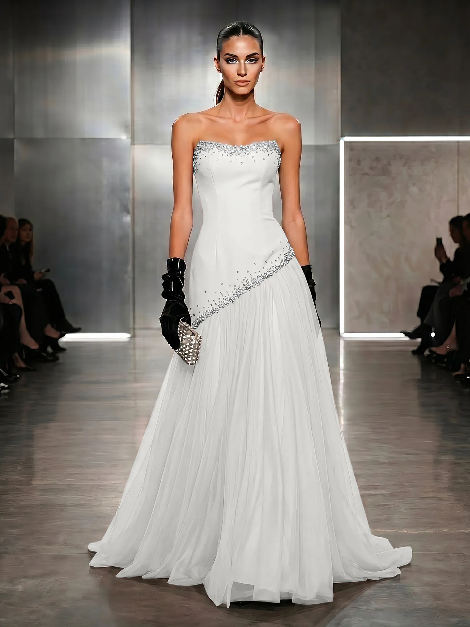 Strapless Tulle Beaded Corset Evening Gown Maxi Dress