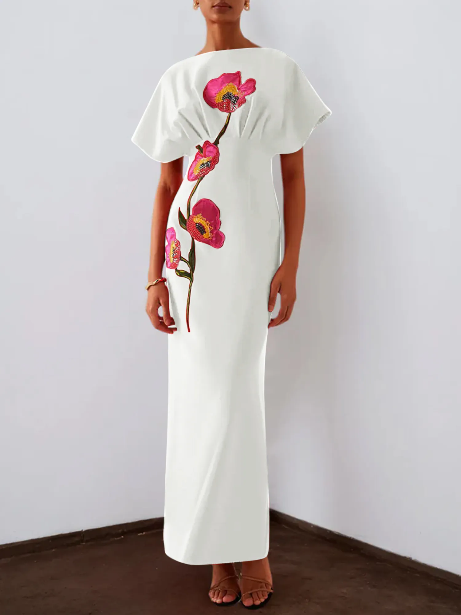Floral Embroidered Boat Neck Batwing Sleeve Column Evening Gown