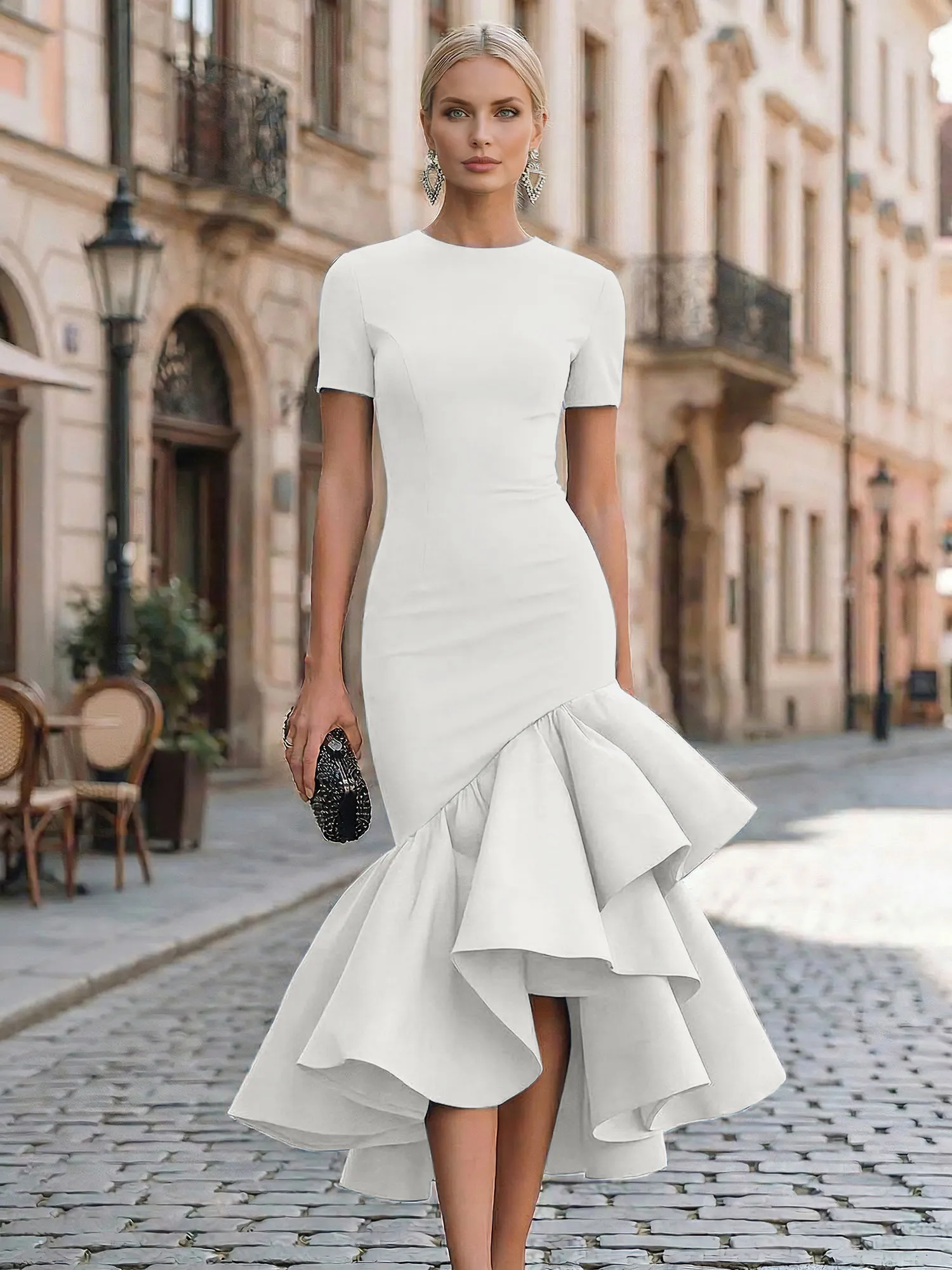 Evening Foraml Gown Avant-Garde Black Short-Sleeve Tiered Ruffle Midi Dress