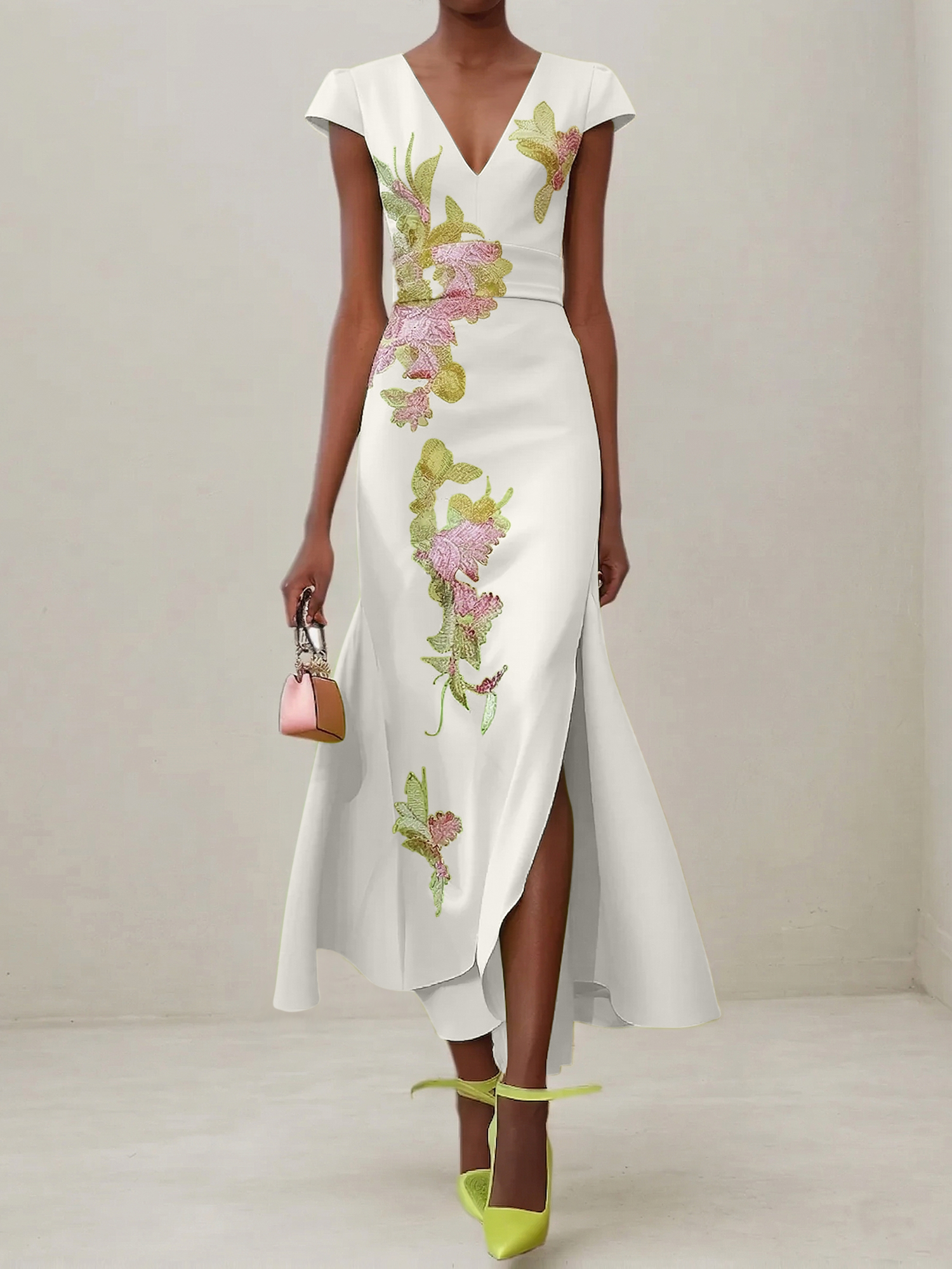 Elegant V-Neck Cap Sleeve Satin Midi Gown with Floral Embroidery & High Slit
