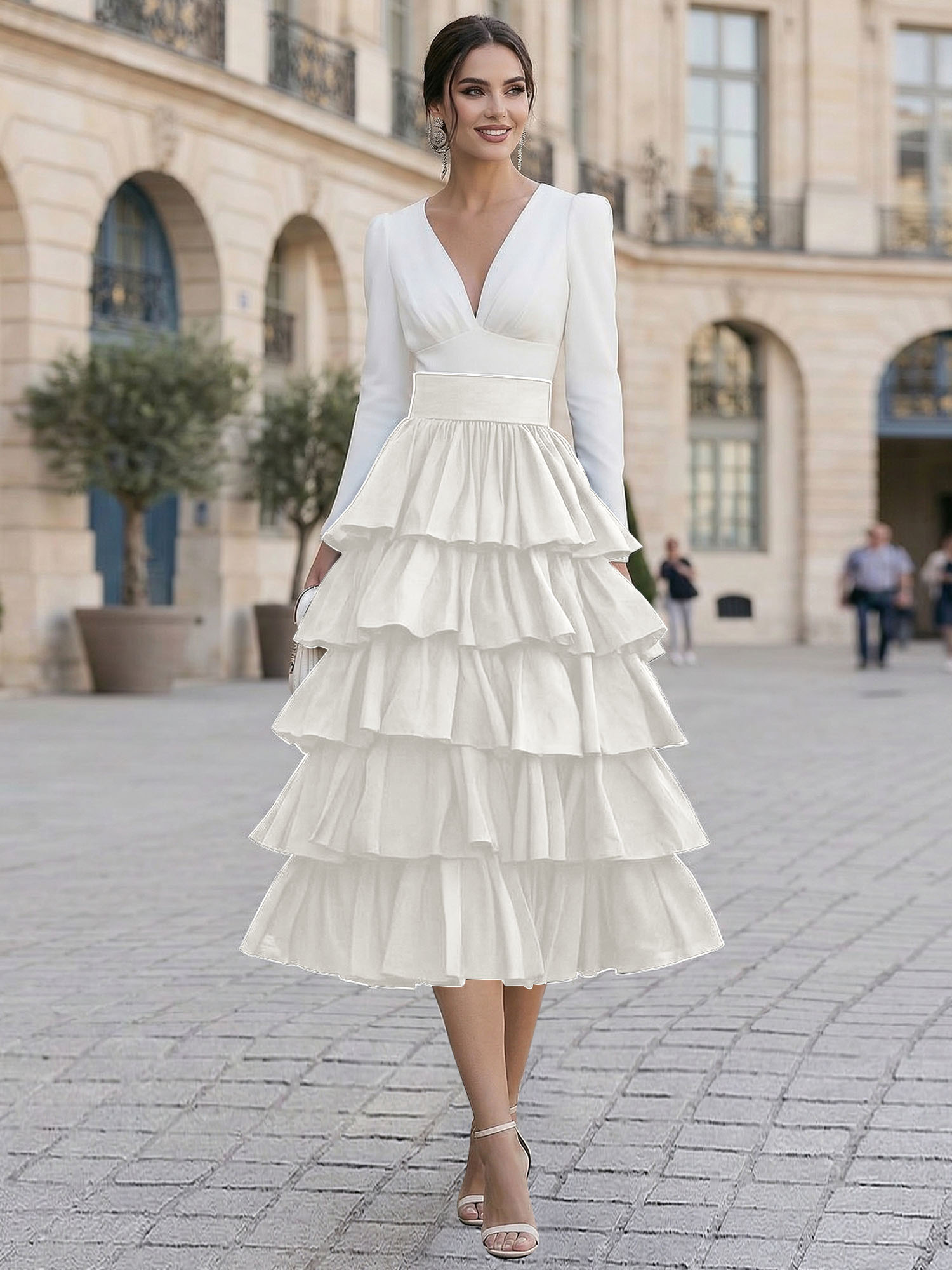 Elegant V-Neck Long Sleeve Tiered Ruffle Midi Dress with Contrast Waistband