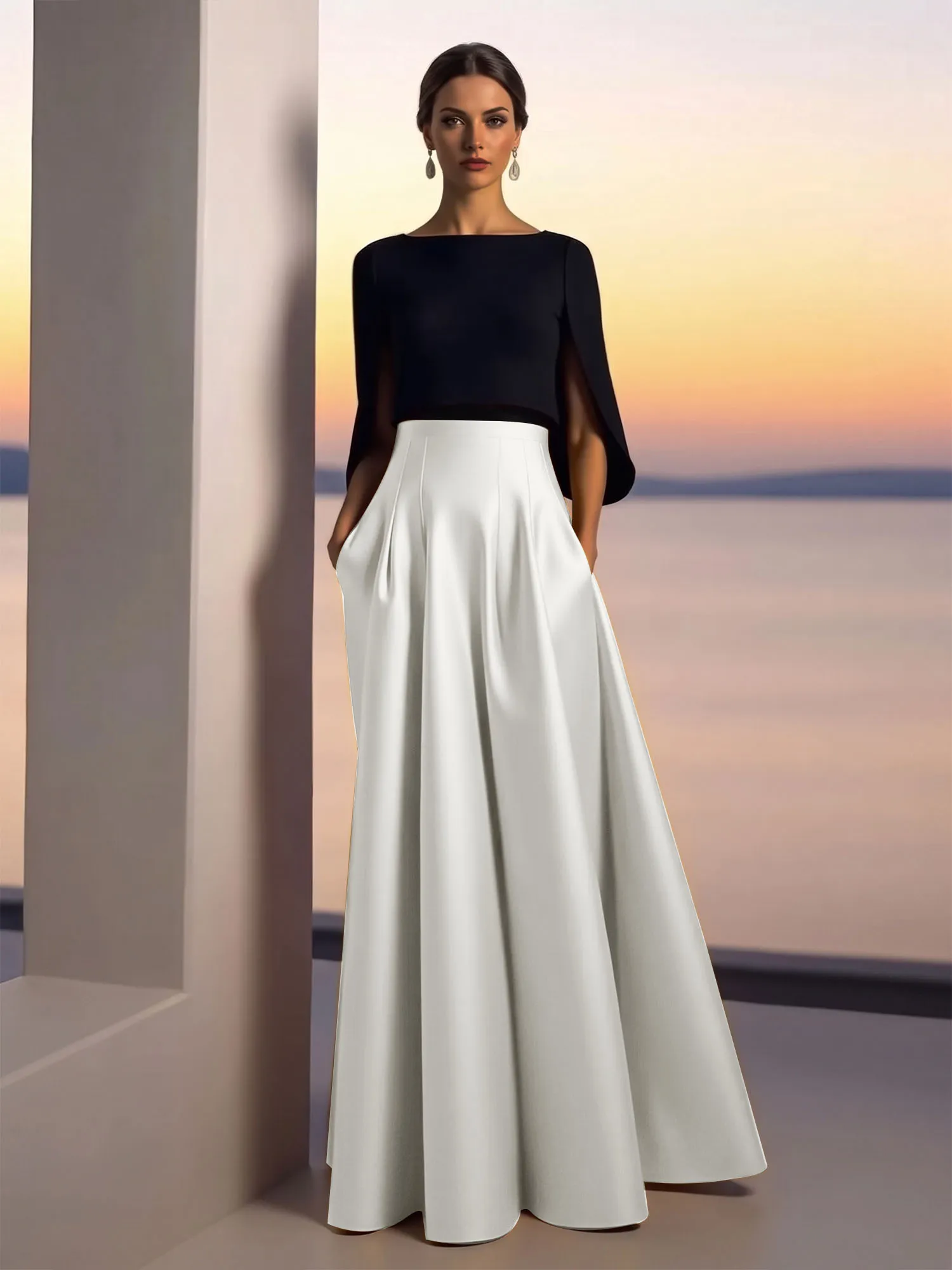 Two-Piece Cape Sleeve Satin Ball Gown Evening Dress