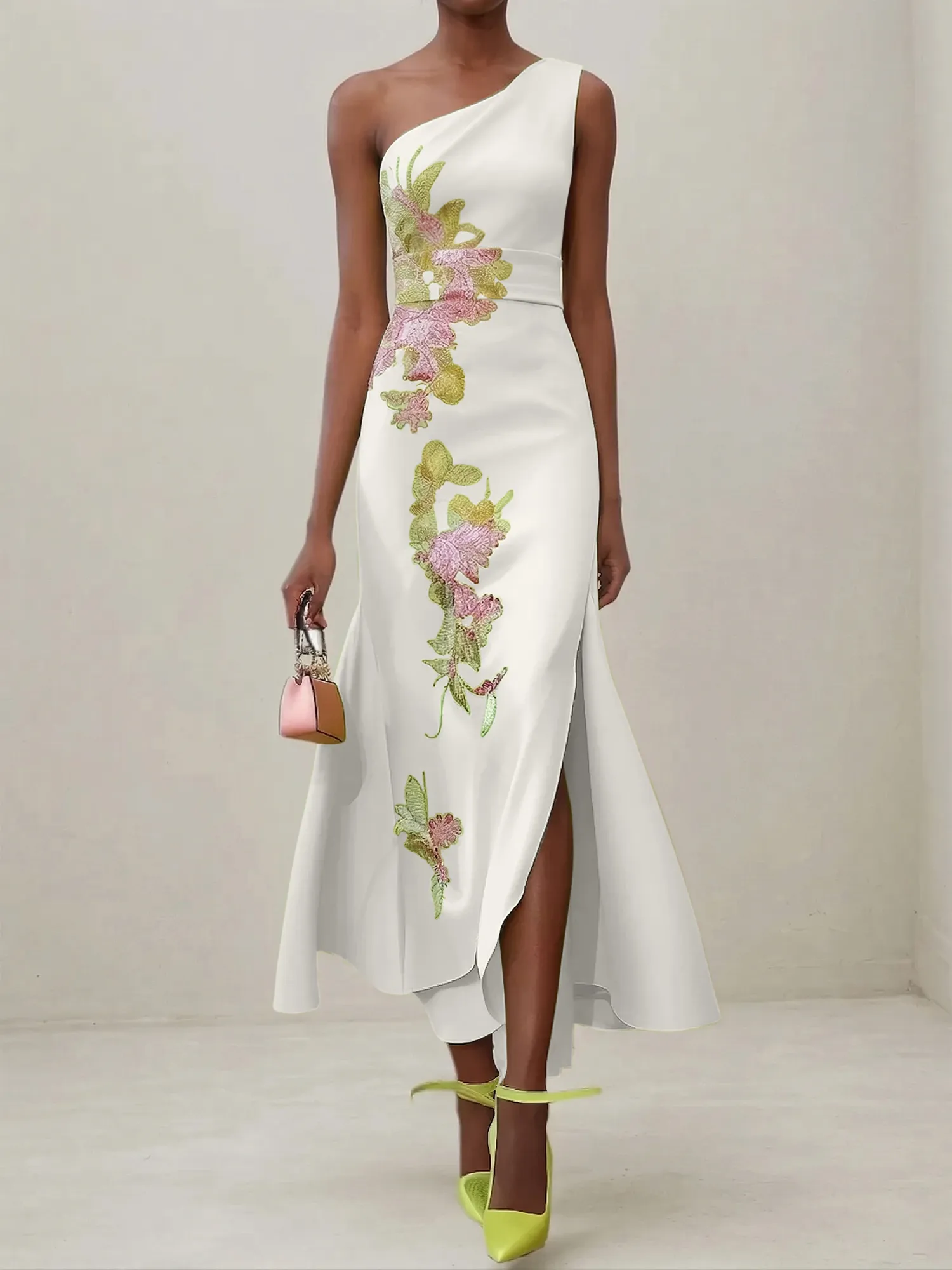 Elegant One Shoulder Cap Sleeve Satin Midi Gown with Floral Embroidery & High Slit