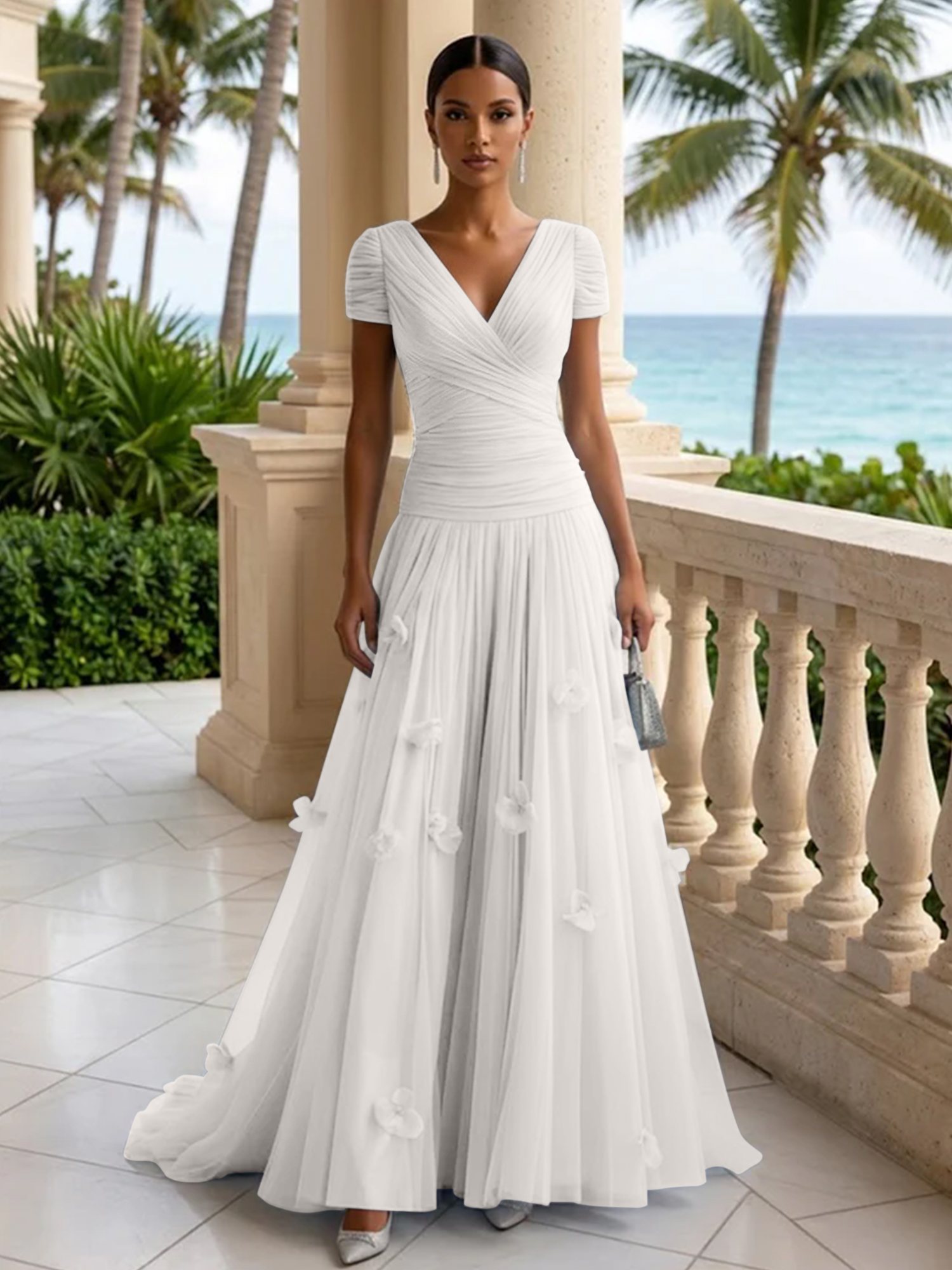 Elegant V-Neck Ruched Tulle A-Line Evening Gown with 3D Floral Appliqués