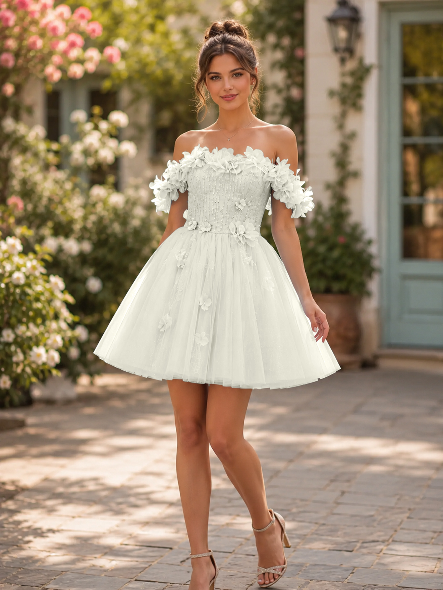 Enchanting Blue Floral Off-Shoulder Corset Homecoming Dress for a Fairytale Aesthetic 
