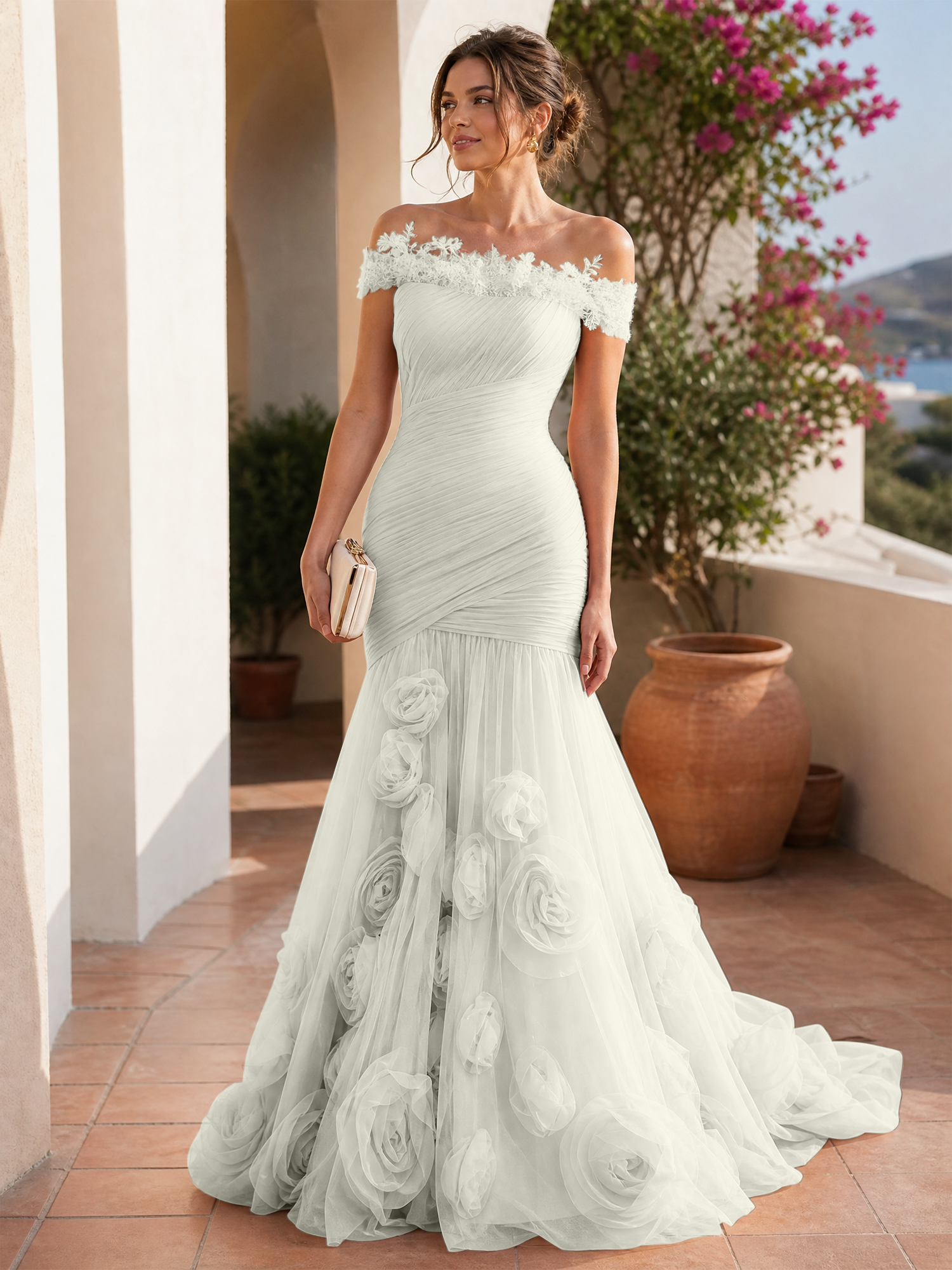 Romantic Blushing Rose Off-the-Shoulder Mermaid Formal Evening Dress 