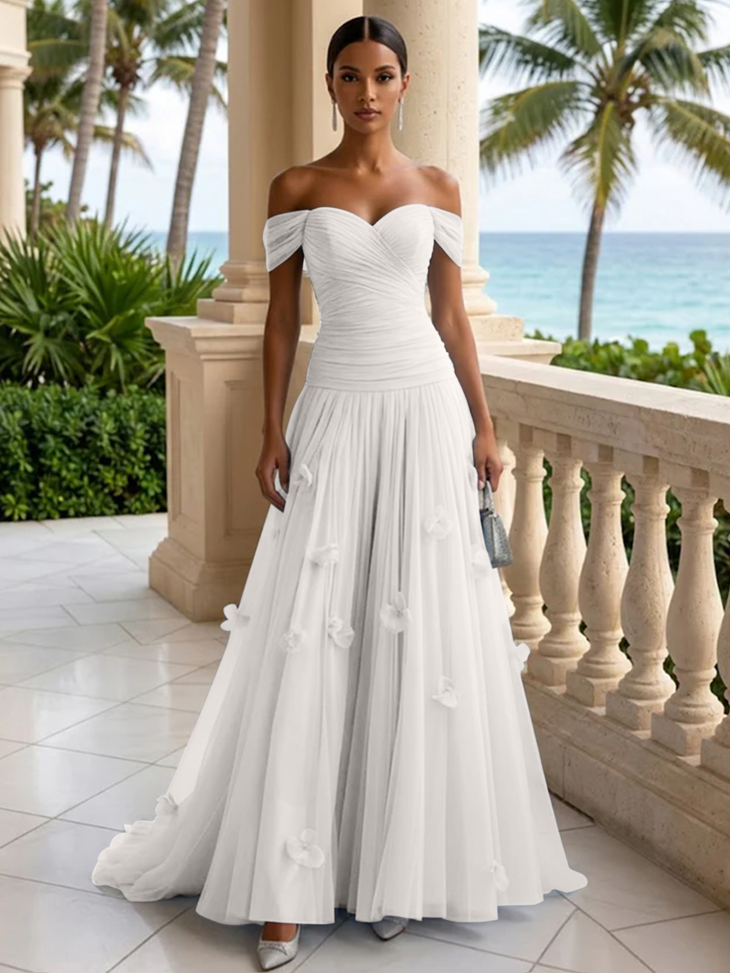Elegant Off-the-Shoulder Ruched Tulle A-Line Evening Gown with 3D Floral Appliqués