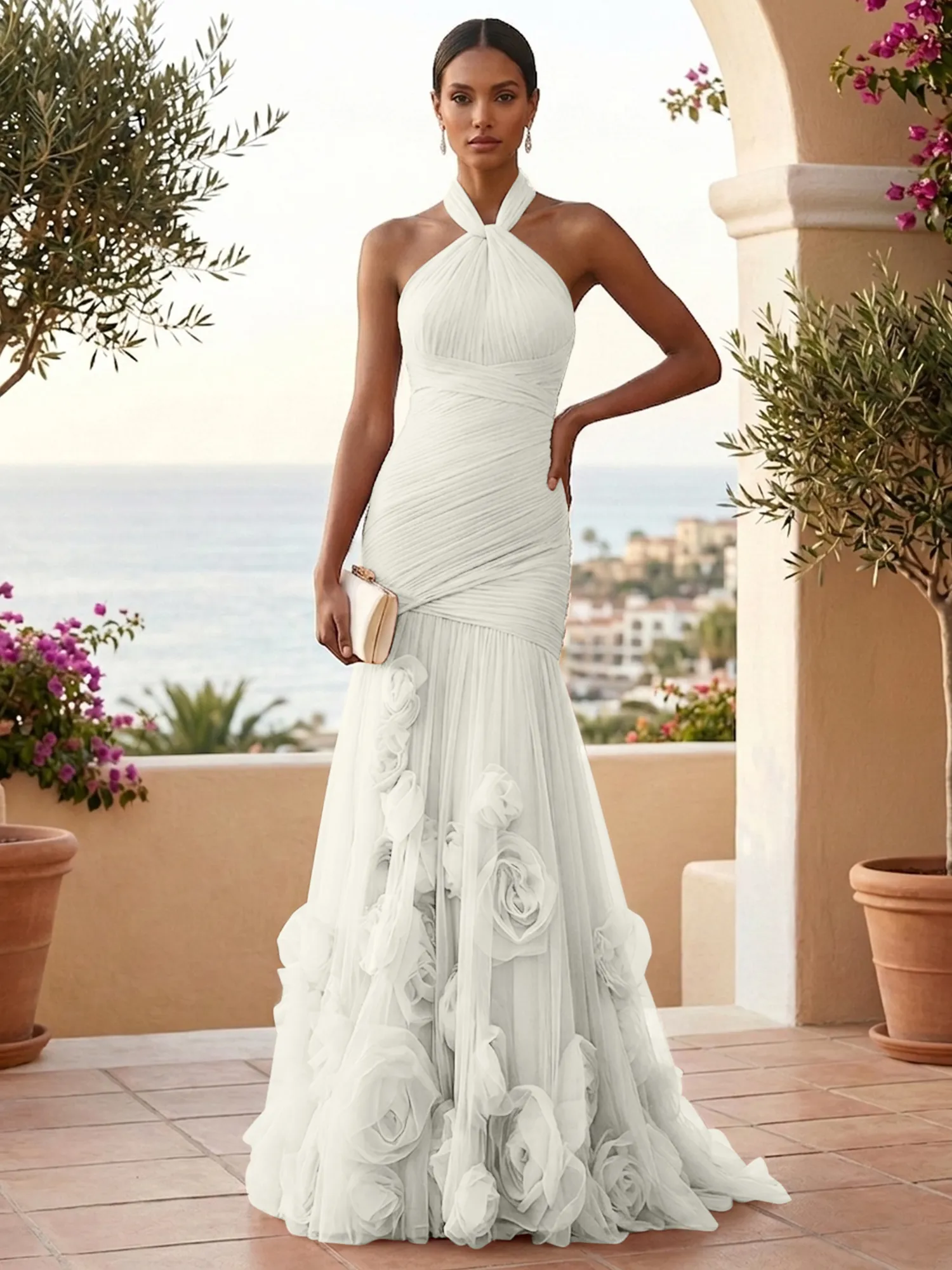 Halter Neck Ruched Tulle Mermaid Gown with 3D Floral Appliqués