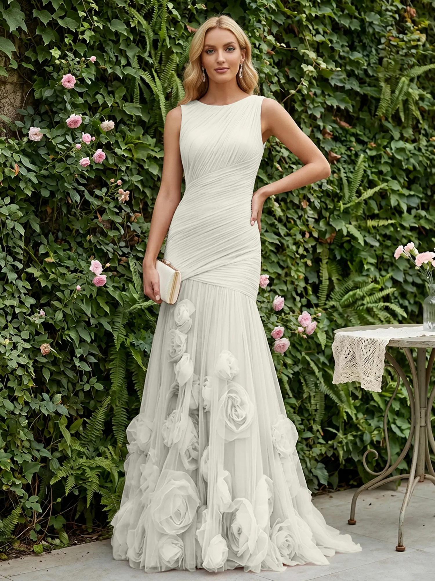 Round Neck Ruched Tulle Mermaid Gown with 3D Floral Appliqués