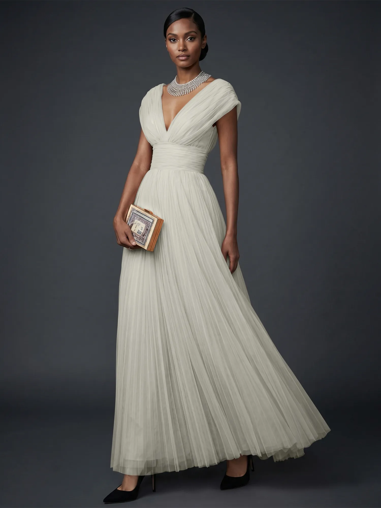 Draped V-Neck Pleated Tulle Evening Gown Maxi Dress
