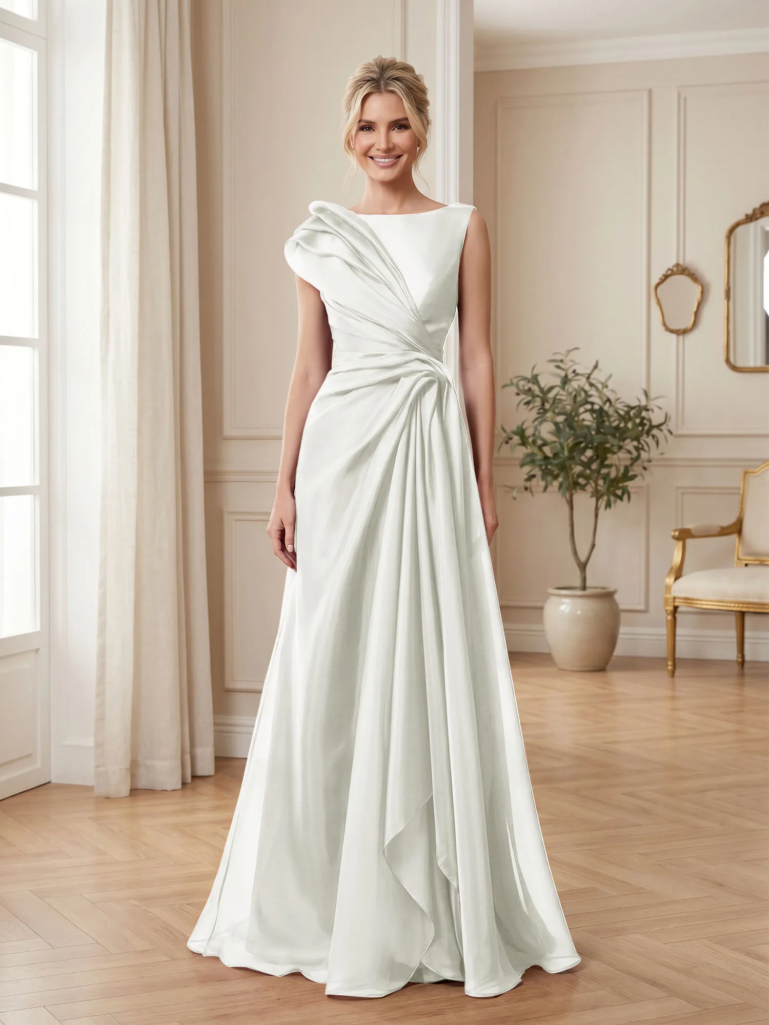 A Line Ruched Draped Tulle Evening Gown