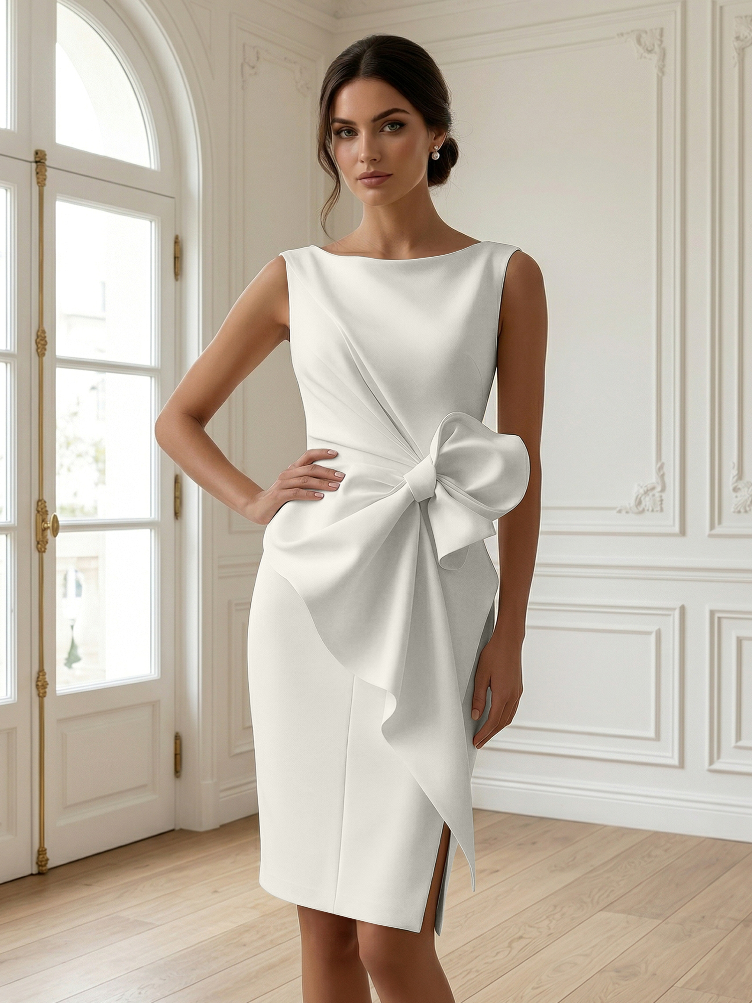 White 3D Bow Sleeveless Sheath Midi Dress Evening Gown