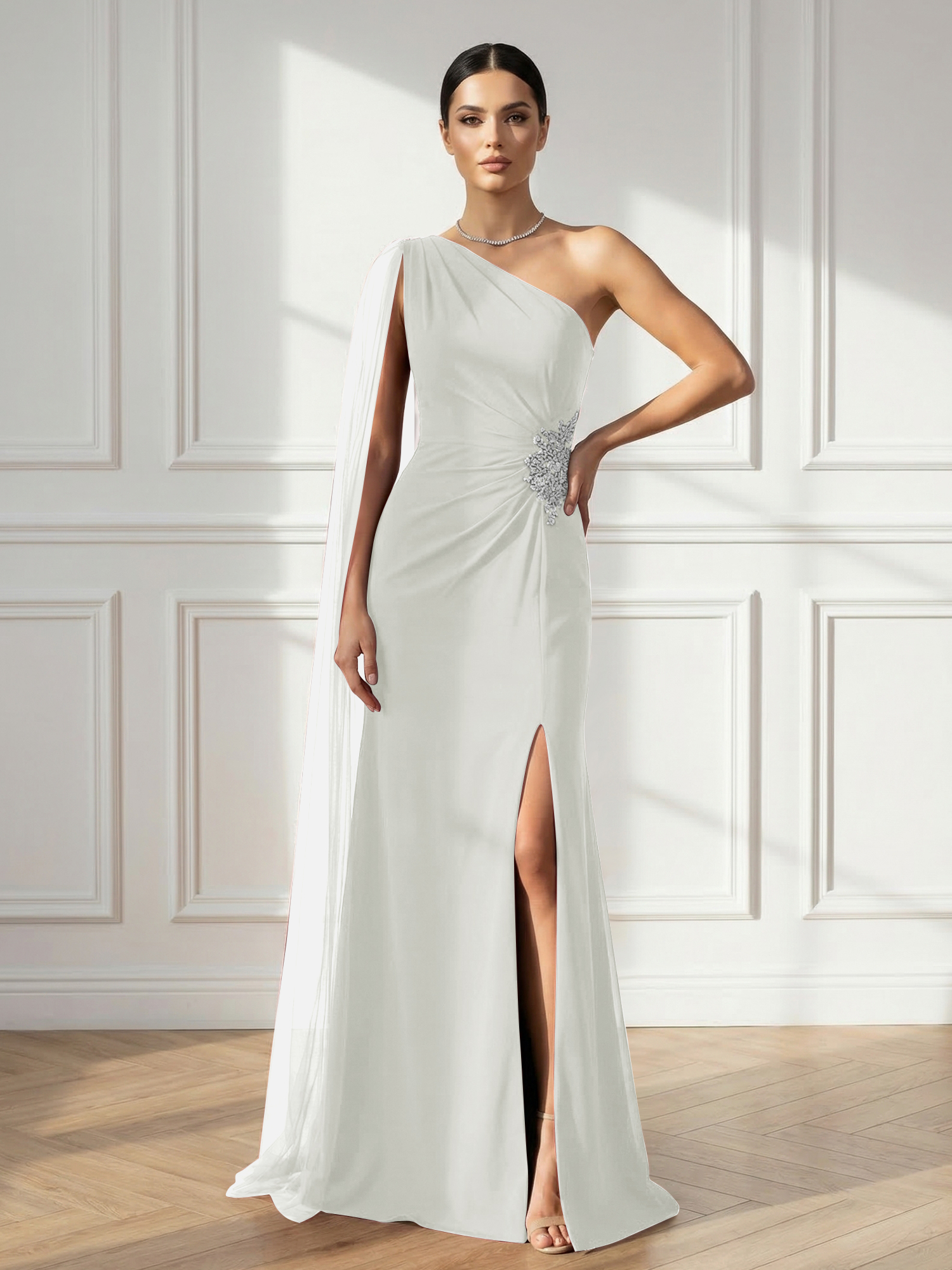 Formal Evening Dress Burgundy One Shoulder Slit Maxi Dress Gown