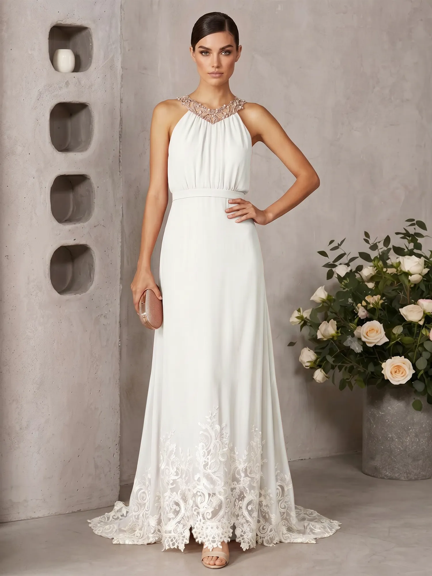 Halter Neck Beaded Chiffon Gown with Lace Hem