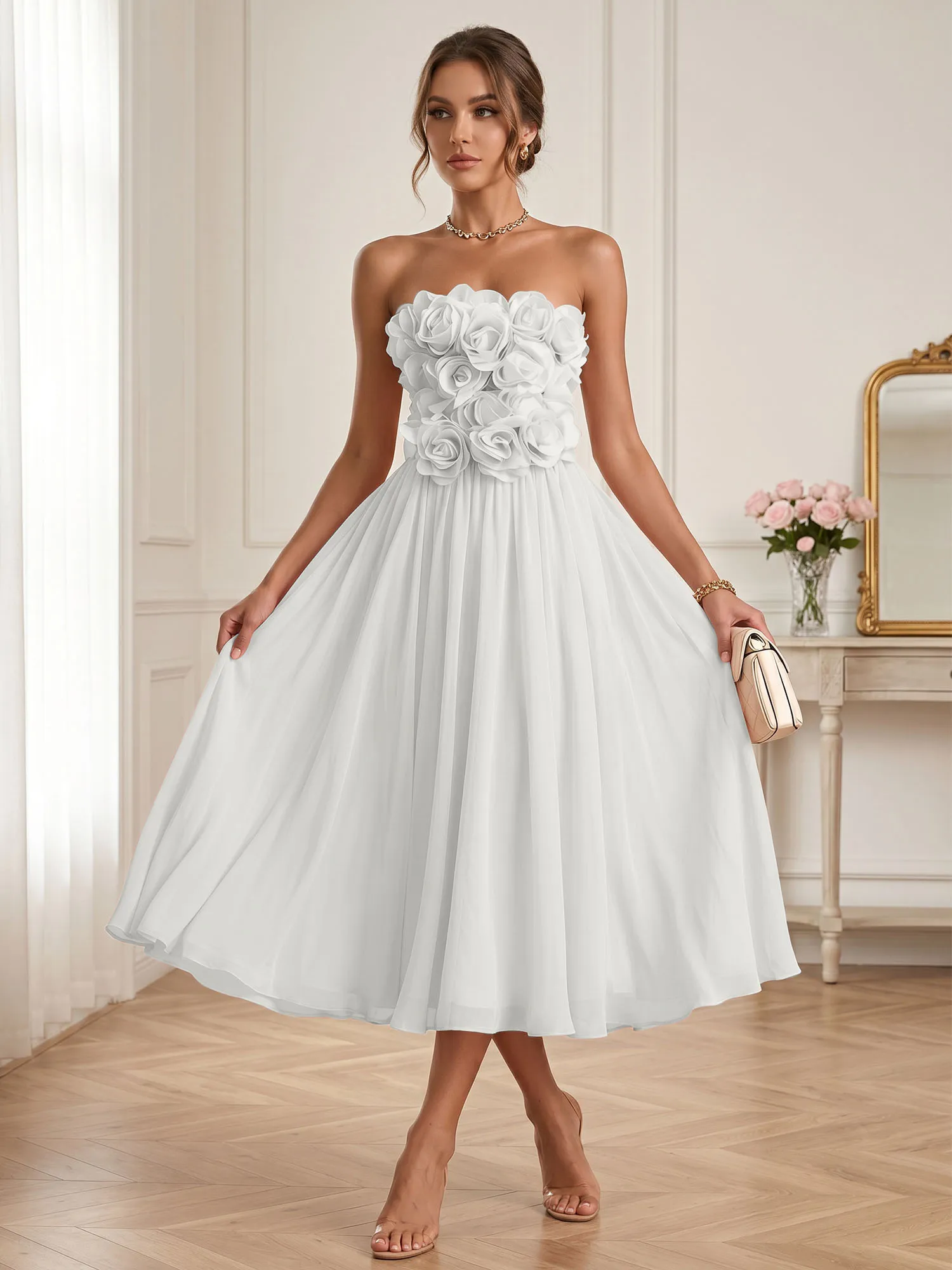 Strapless 3D Floral Chiffon A-Line Midi Formal Dress