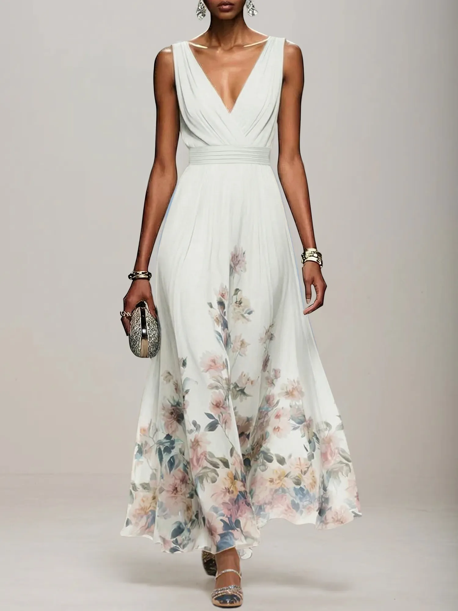 V-Neck Floral Print Chiffon Maxi Evening Dress with Satin Waist Bow