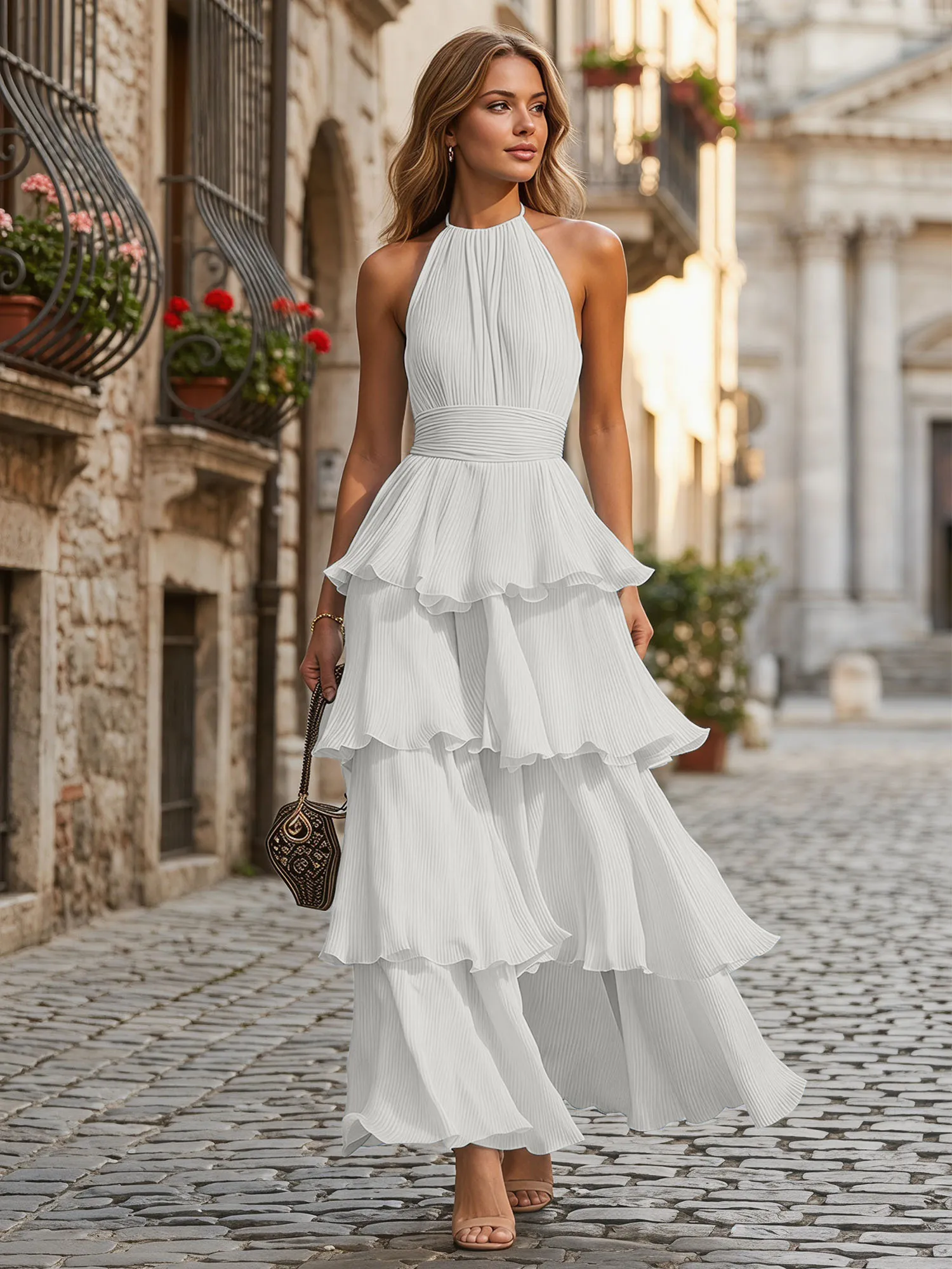 A Line Halter Neck Tiered Ruffle Chiffon Evening Dress