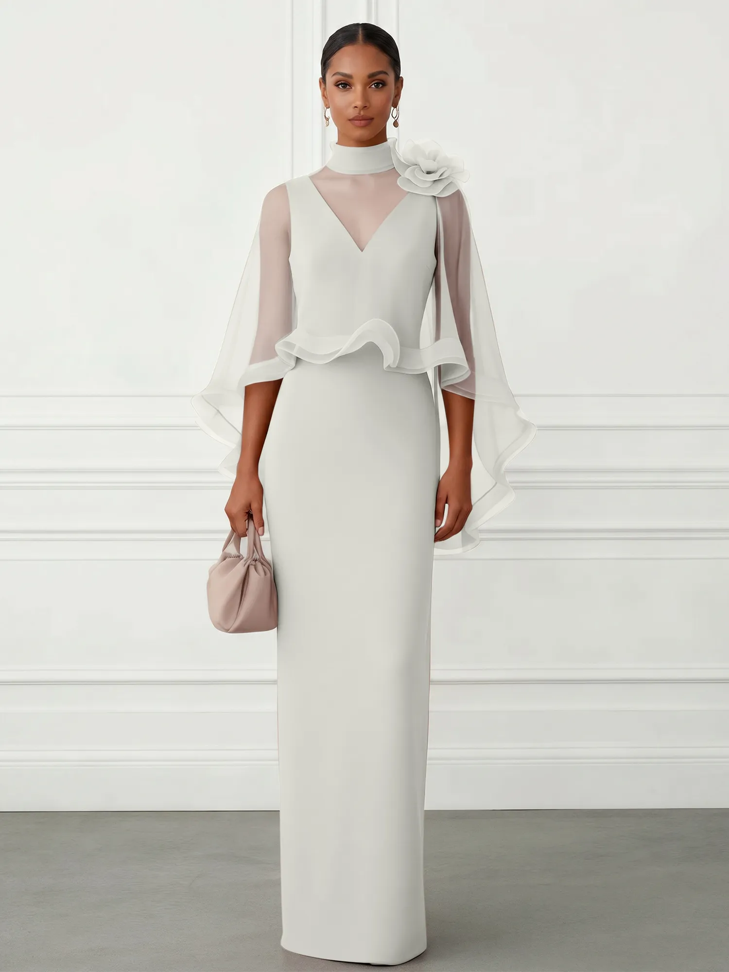 High-Neck Chiffon Cape Sleeve Sheath Evening Gown