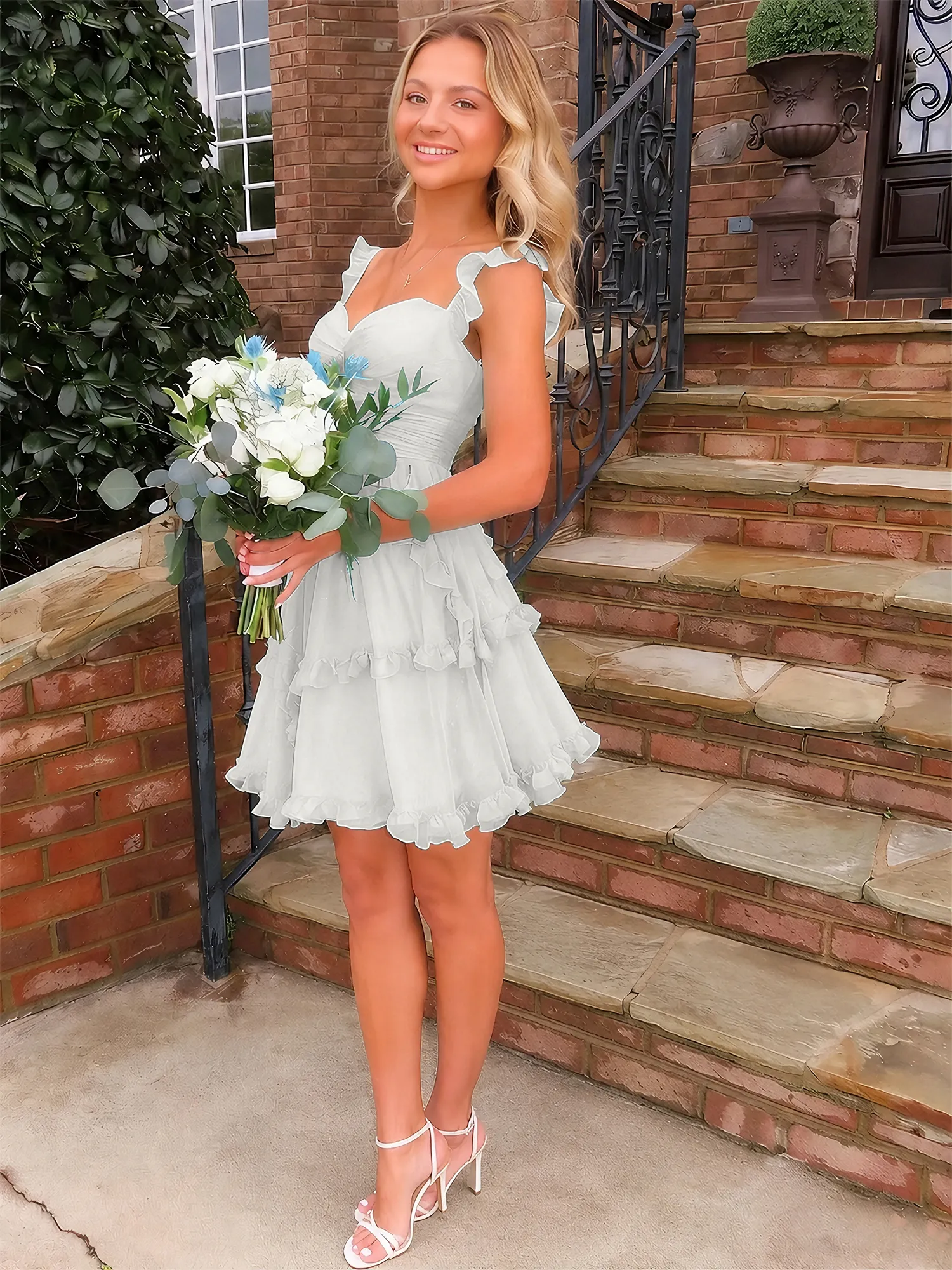 A Line Ruffled Tiered Chiffon Homecoming Dress with Lace-Up Back