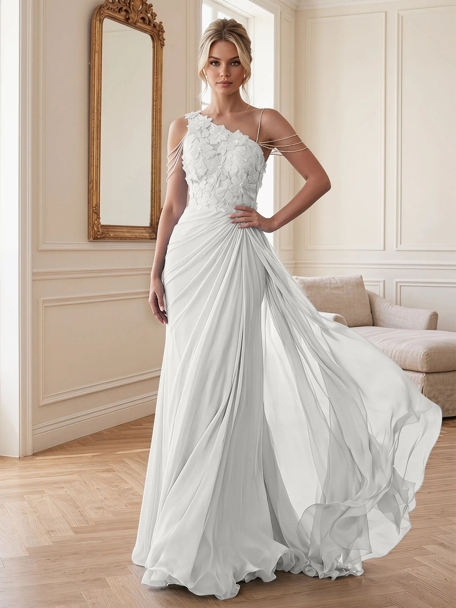 One-Shoulder Floral Lace Chiffon Evening Gown